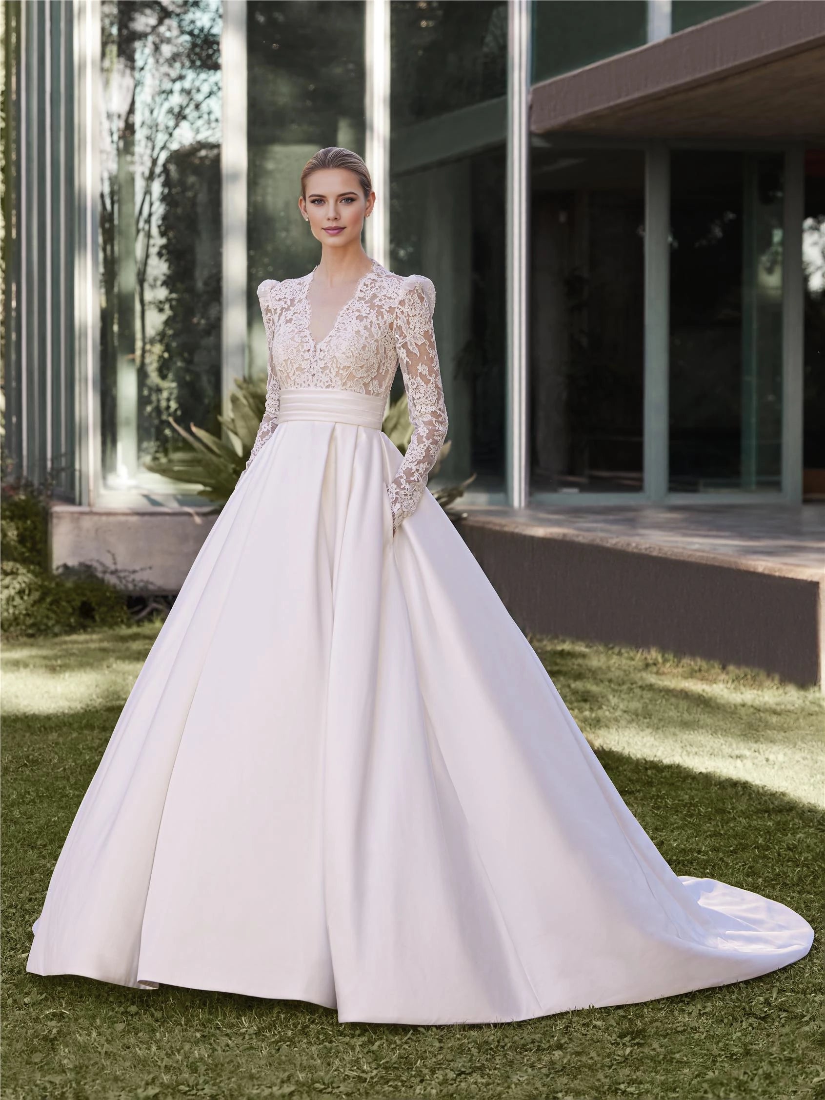 Luxurious Ball Gown V Neck Long Sleeve Button Back Floor Length Wedding Dress