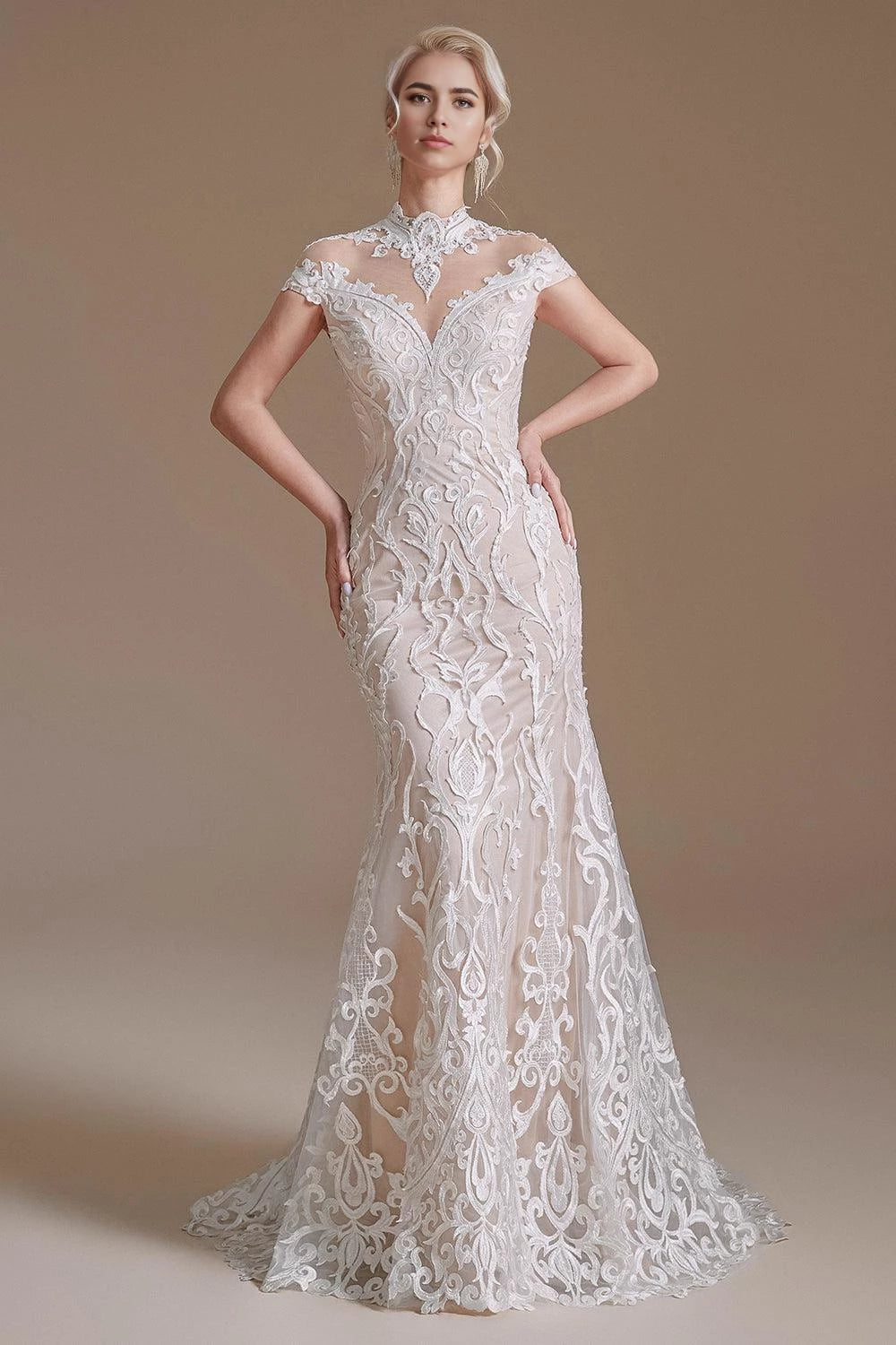 Luxurious Mermaid High Neck Cap Sleeve Corset Back Floor Length Wedding Dress