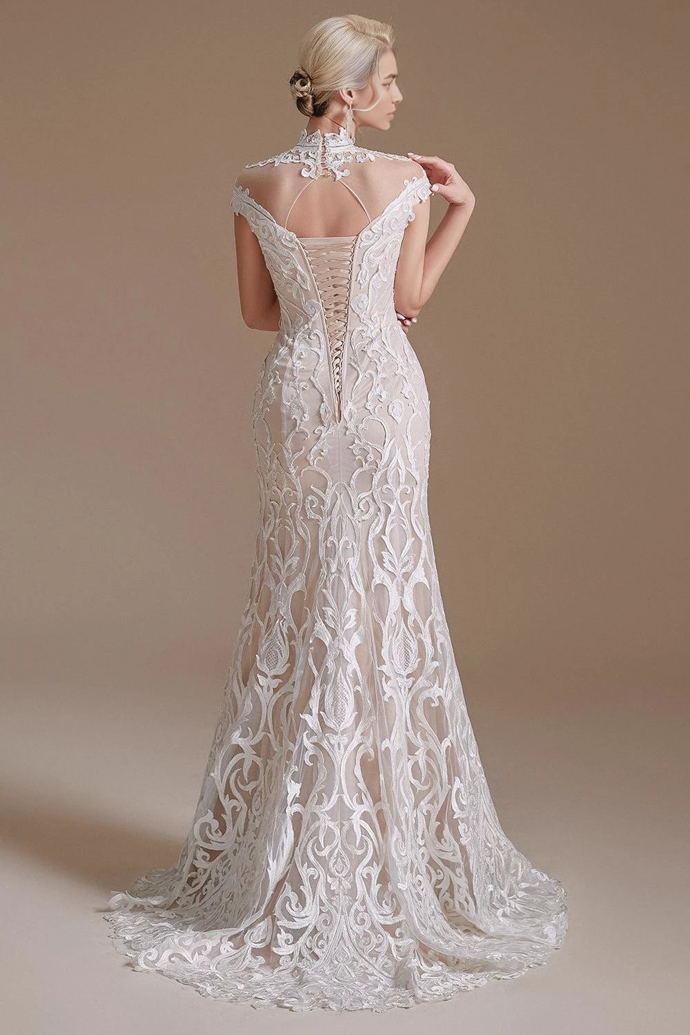 Luxurious Mermaid High Neck Cap Sleeve Corset Back Floor Length Wedding Dress