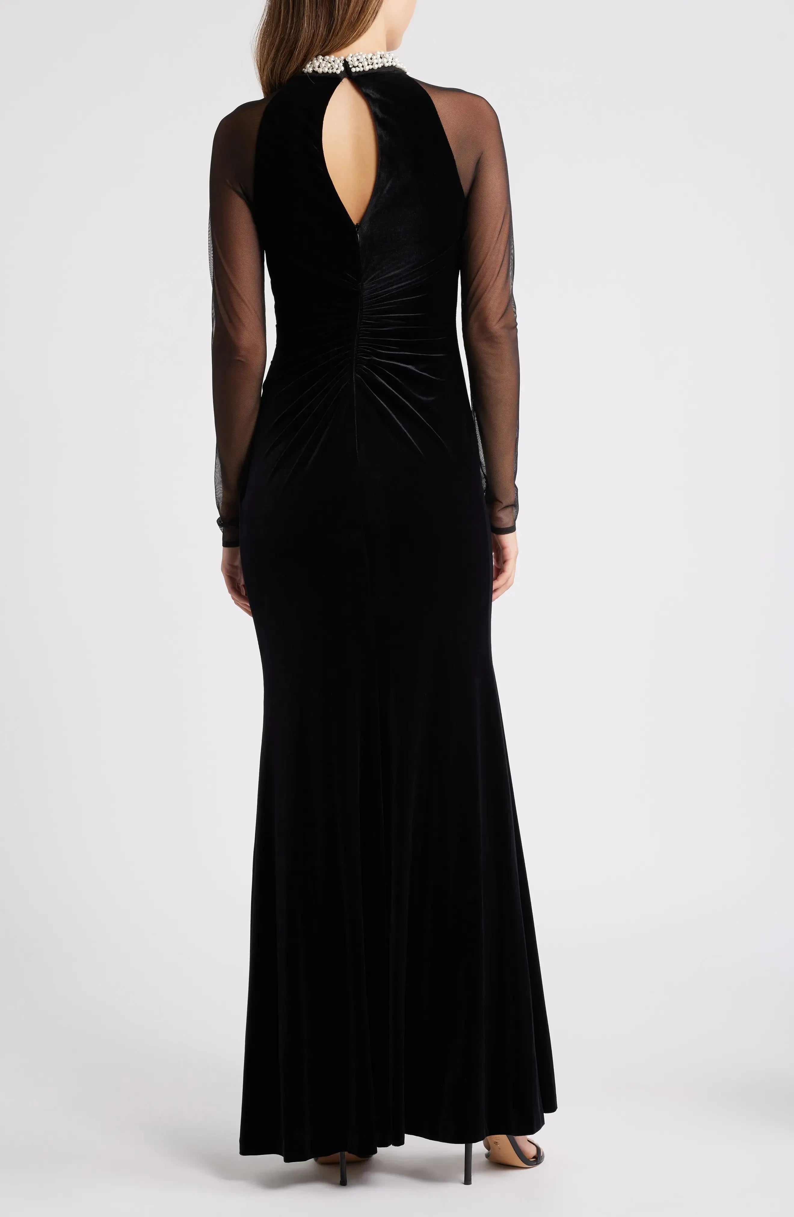 Luxurious Mermaid High Neck Sheer Long Sleeve Keyhole Back Floor Length Evening Dress