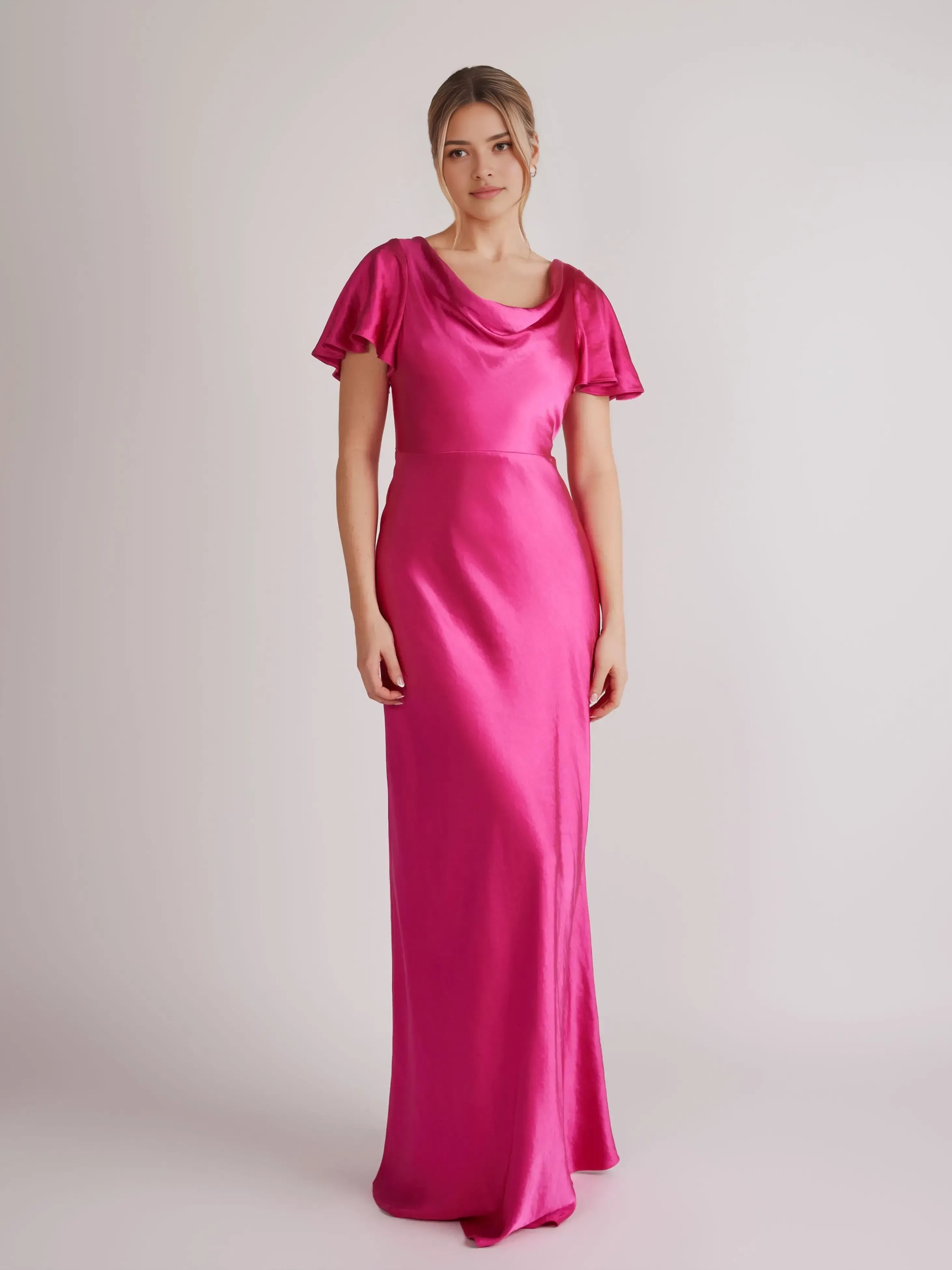 Luxurious Sheath Cowl Neck Flutter Sleeve Zipper Back Floor Length Bridesmaid Dress