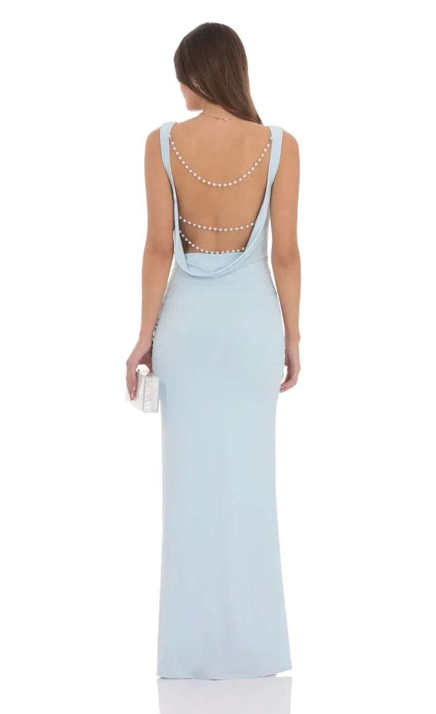 Luxurious Sheath Deep V Neck Sleeveless Pearl Chain Back Floor Length Evening Dress