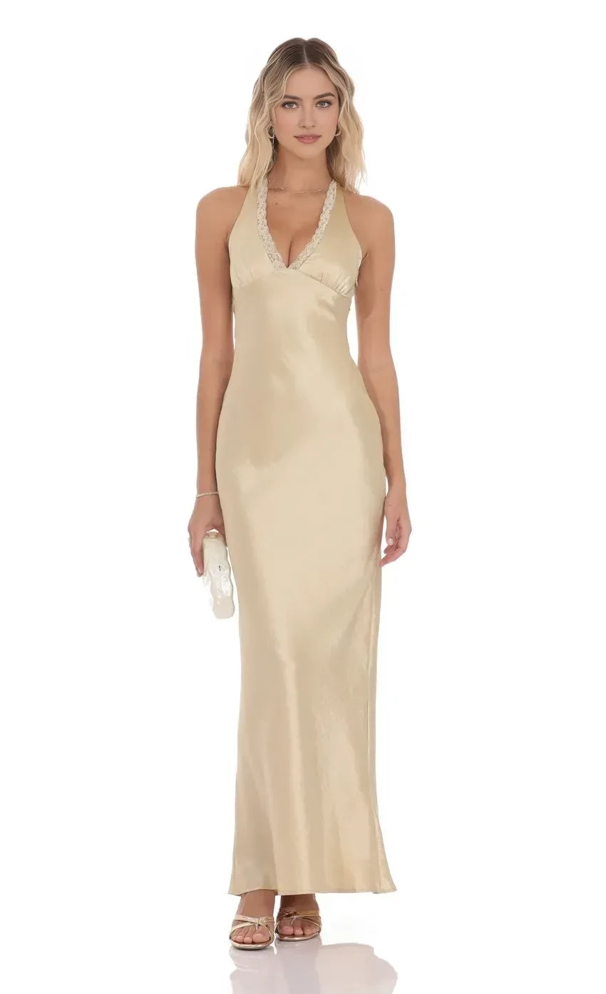 Luxurious Sheath Halter Neck Sleeveless Criss Cross Back Floor Length Evening Dress