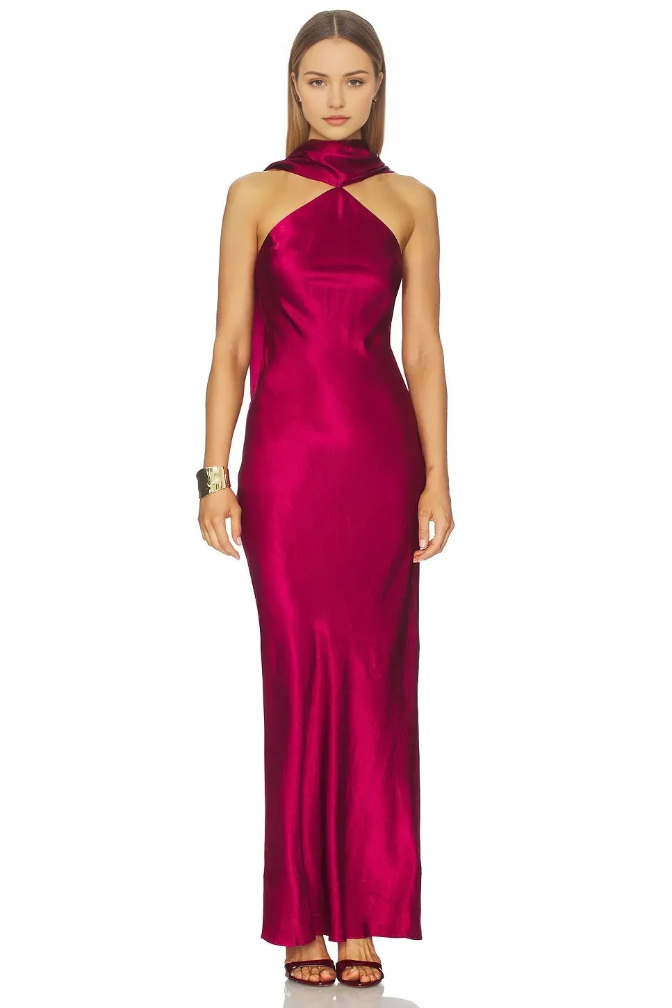 Luxurious Sheath Halter Neck Sleeveless Draped Back Floor Length Evening Dress