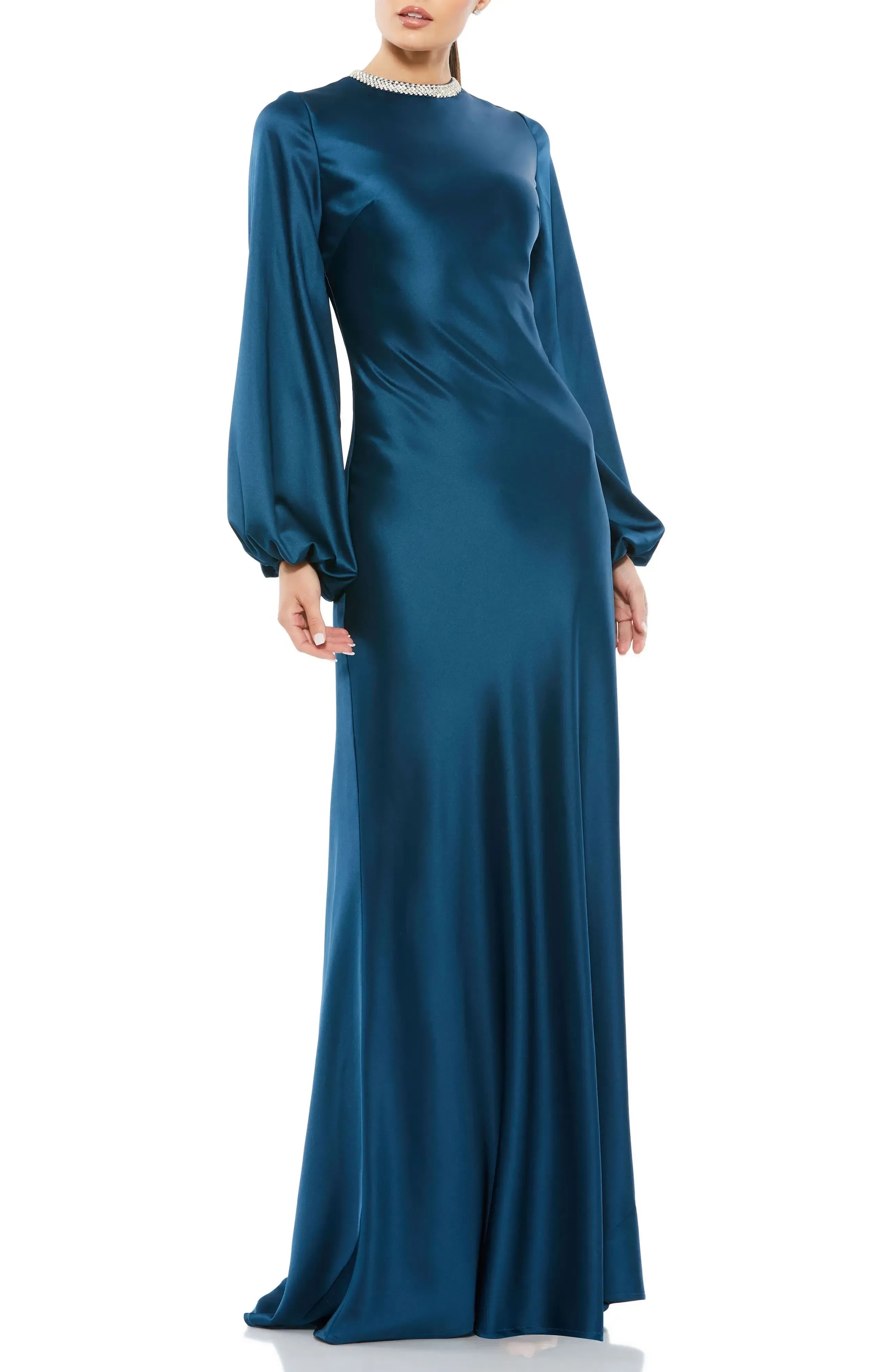 Luxurious Sheath Jewel Neck Puff Long Sleeve Zipper Back Floor Length Evening Dress