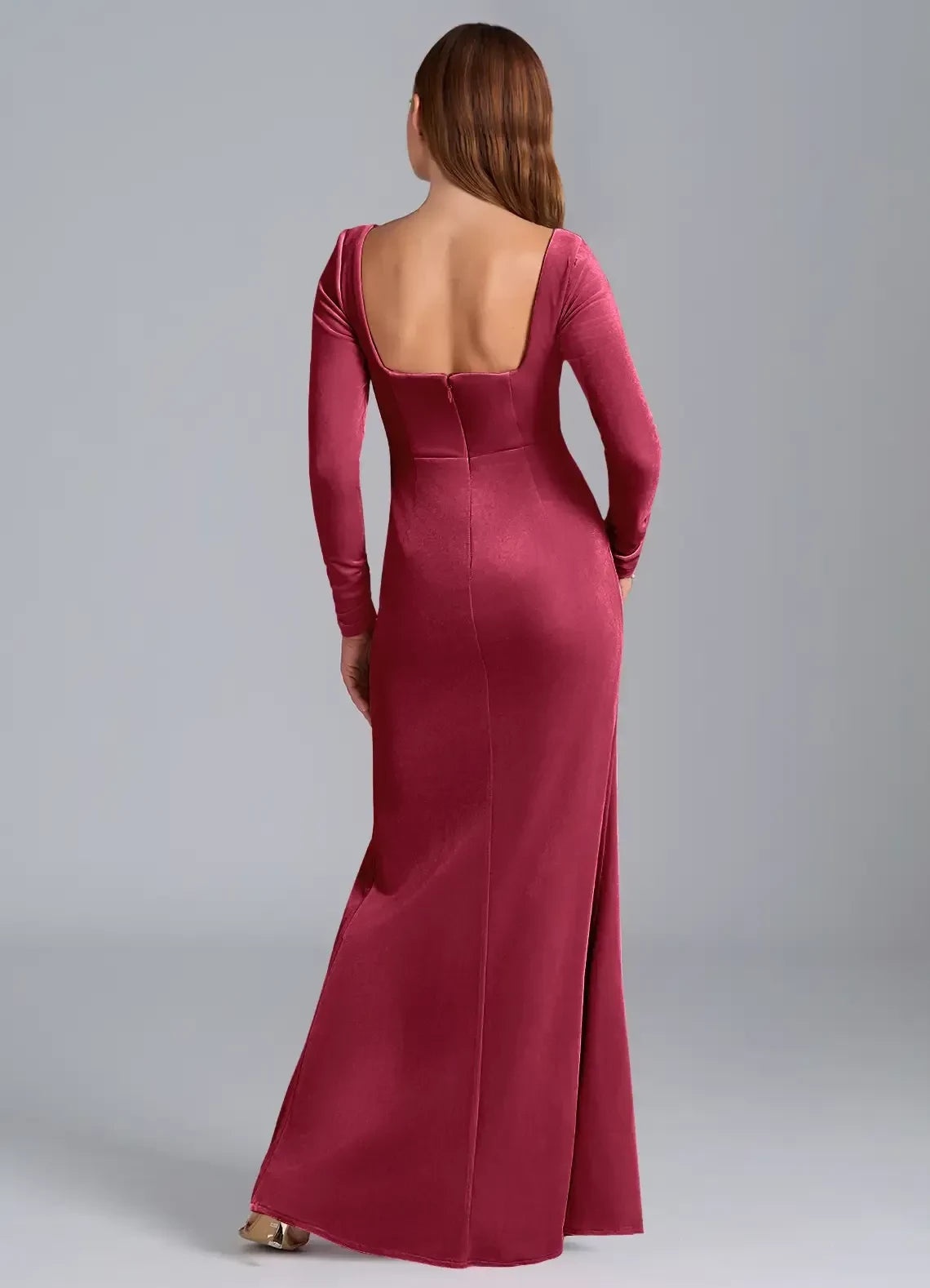 Luxurious Sheath Square Neck Long Sleeve Open Back Floor Length Bridesmaid Dress