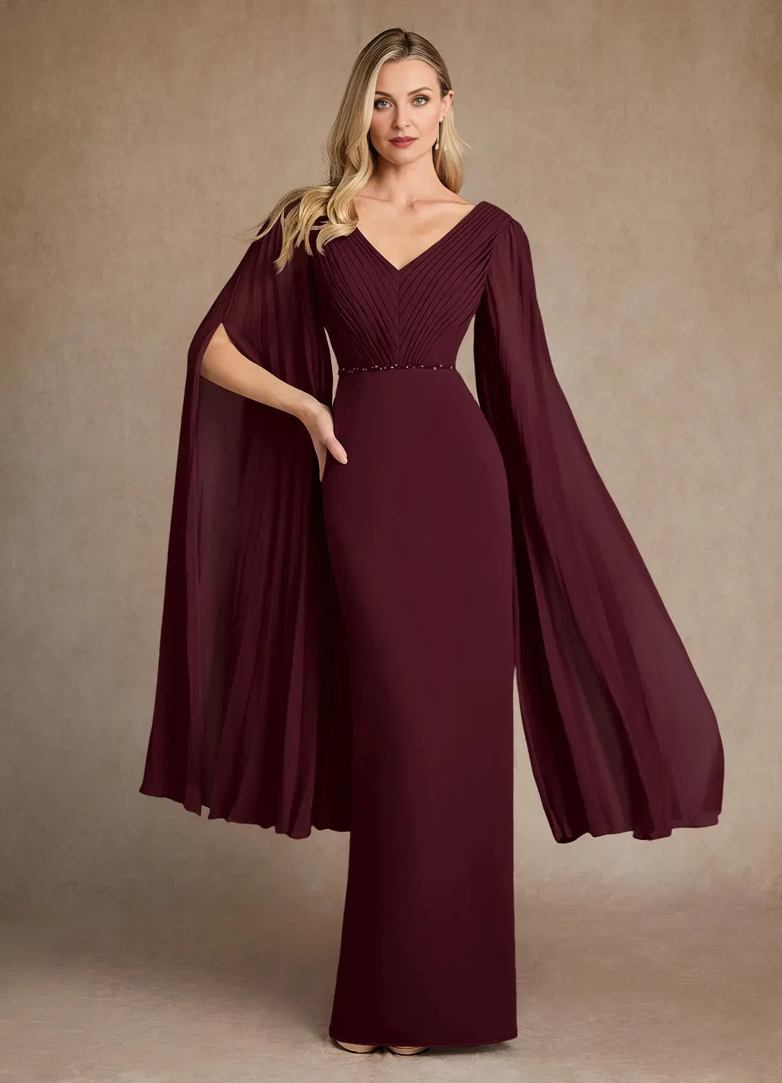 Luxurious Sheath V Neck Cape Sleeve Zipper Back Floor Length Mother of the Bride Dress ﻿