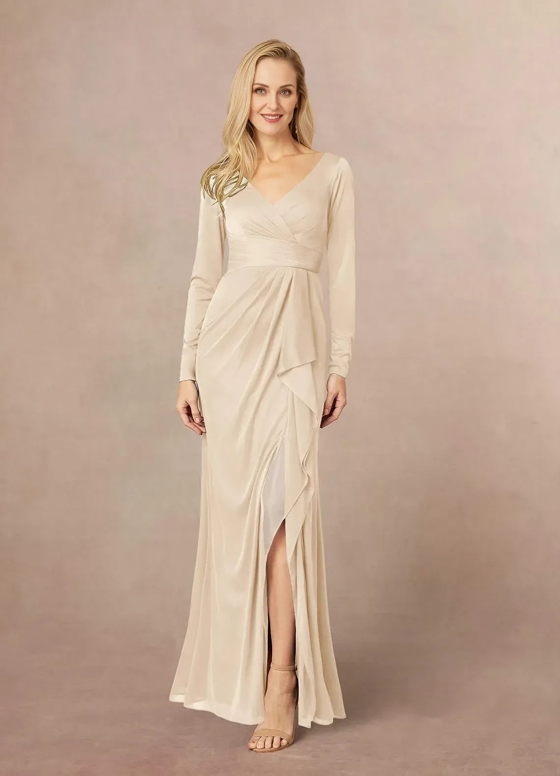 Luxurious Sheath V Neck Long Sleeve Zipper Back Floor Length Mother of the Bride Dress