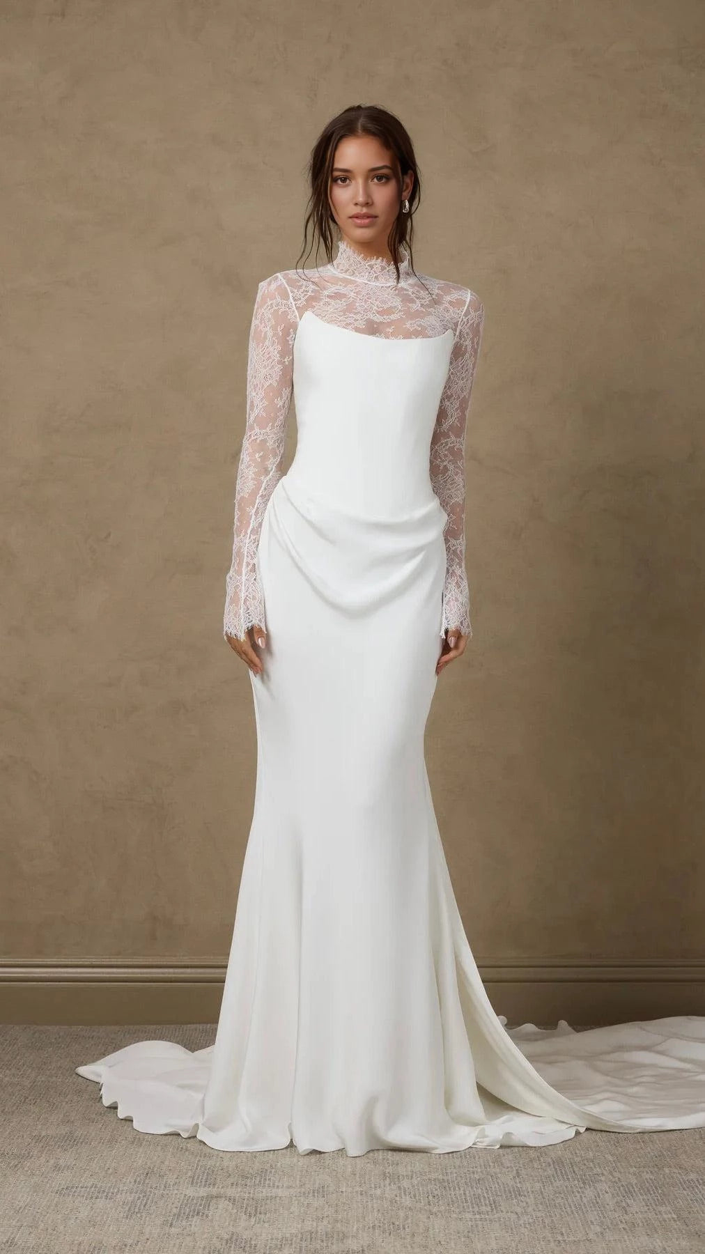 Luxurious Trumpet High Neck Lace Long Sleeve Lace Up Back Floor Length Wedding Dress