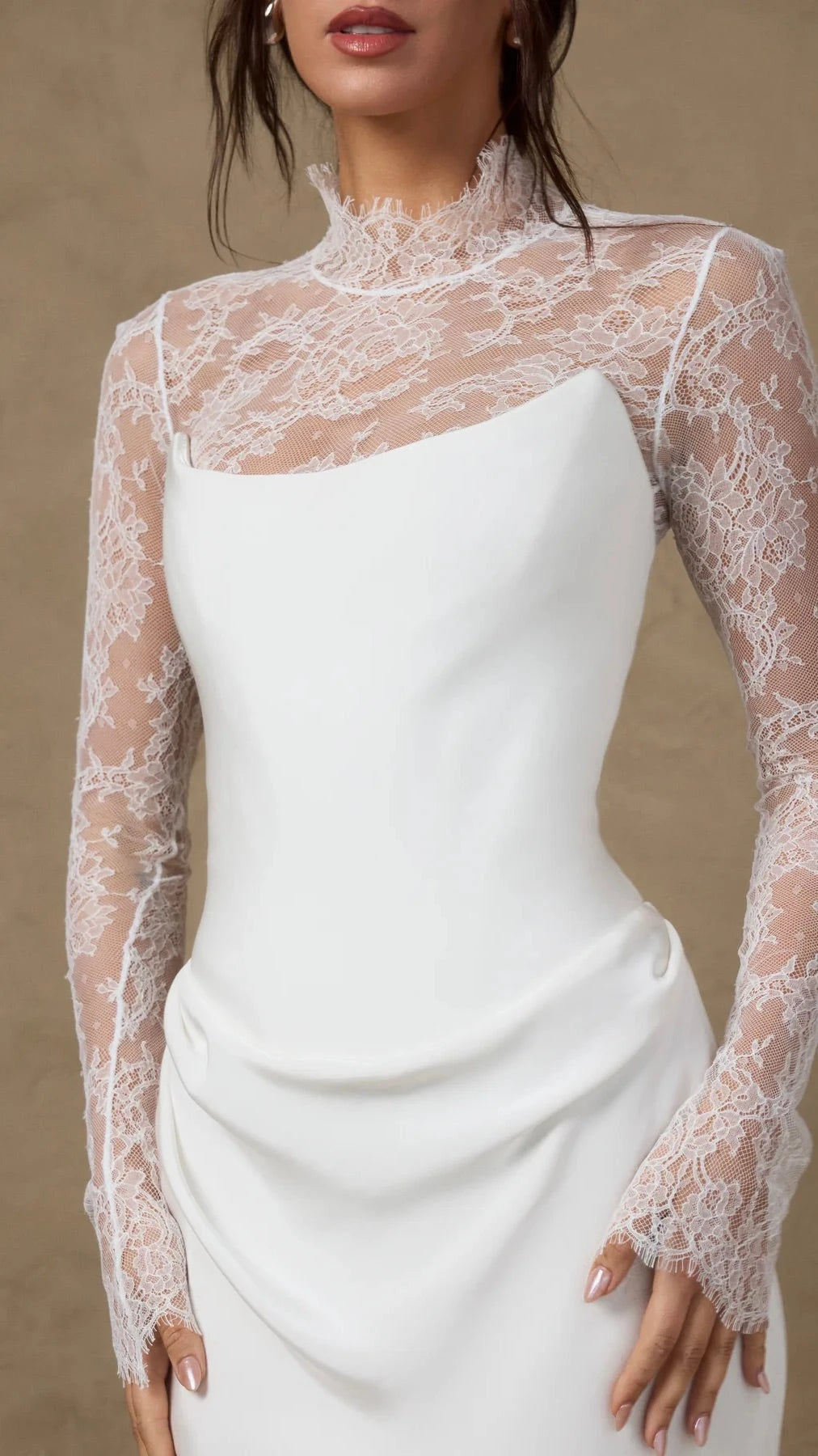 Luxurious Trumpet High Neck Lace Long Sleeve Lace Up Back Floor Length Wedding Dress