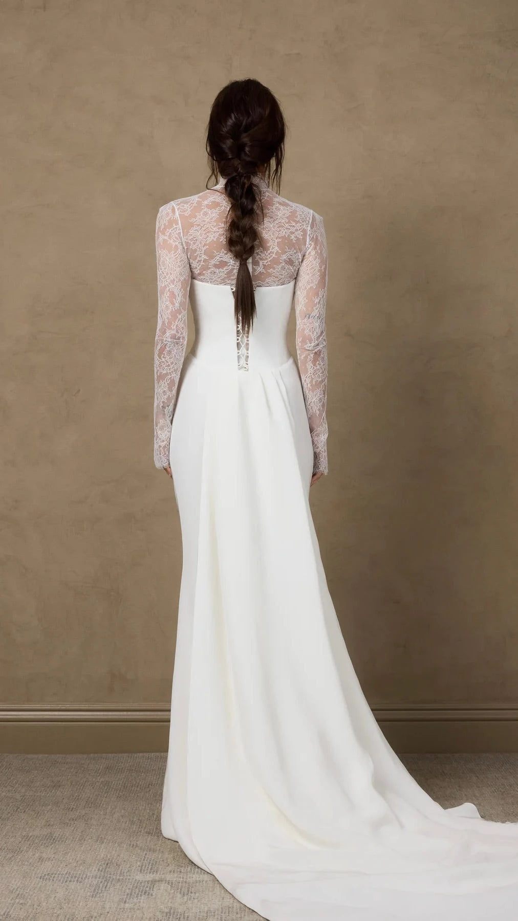 Luxurious Trumpet High Neck Lace Long Sleeve Lace Up Back Floor Length Wedding Dress