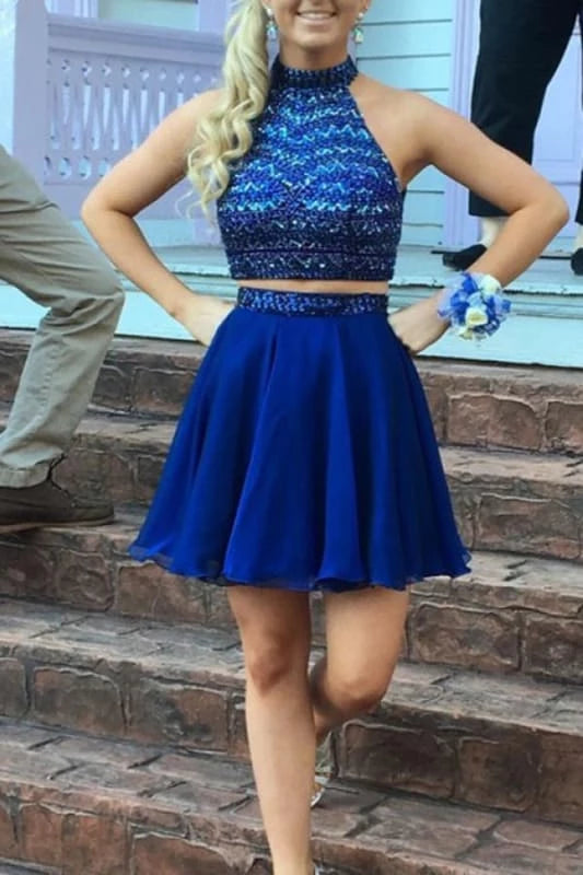 Luxurious Beading Two Piece Open Back Royal Blue Chiffon Short Party Dresses Homecoming Dresses