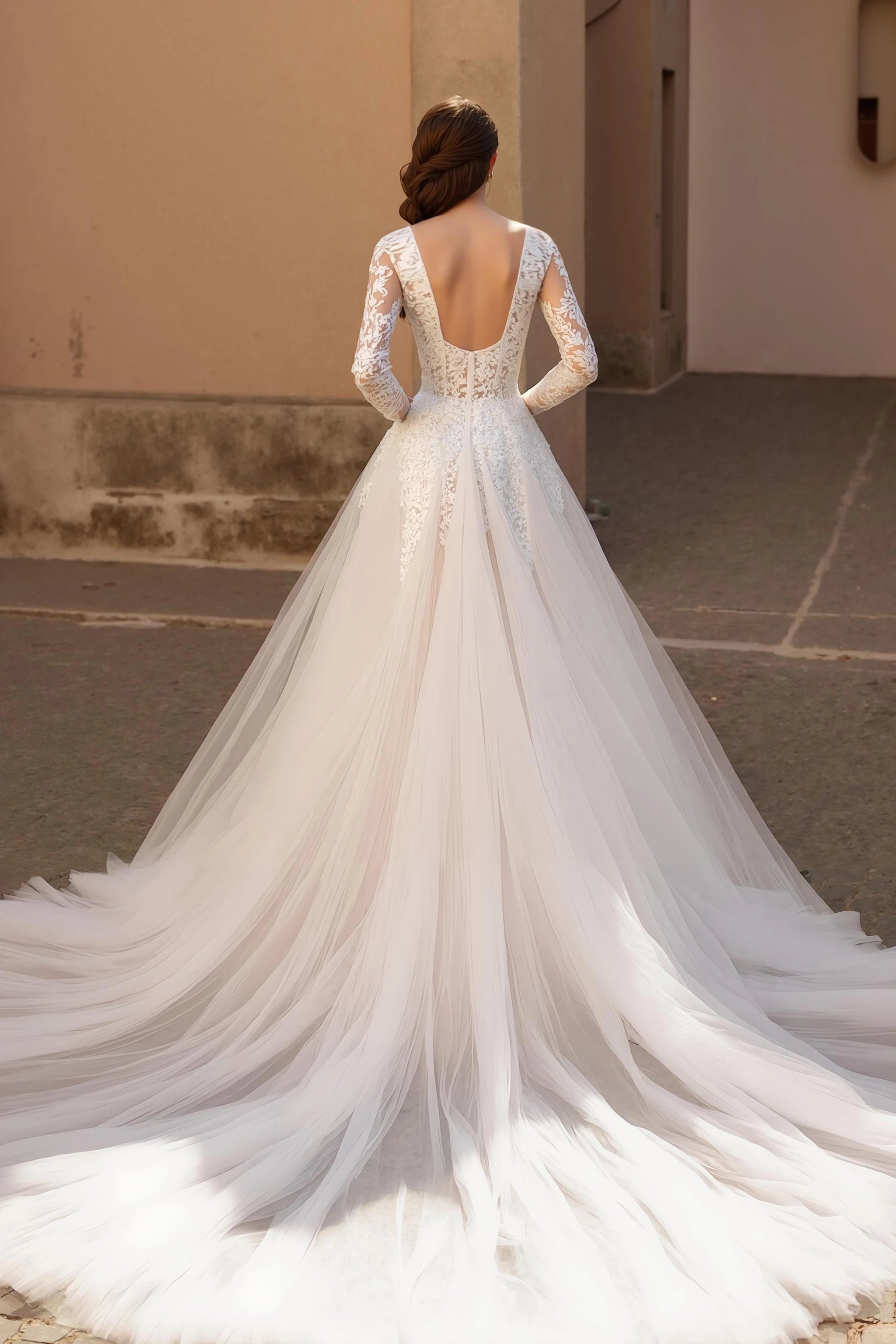 Luxury A Line Deep V Neck Lace Long Sleeve Open Back Floor Length Wedding Dress