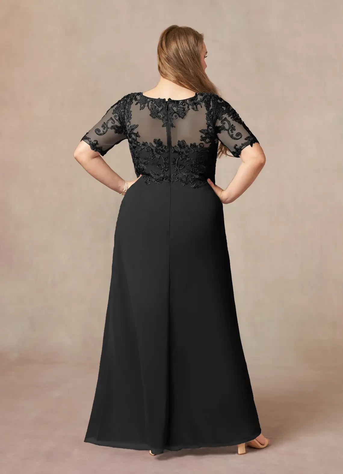 Luxury A Line V Neck Three Quarter Lace Sleeve Zip Back Plus Size Floor Length Mother of the Bride Dress