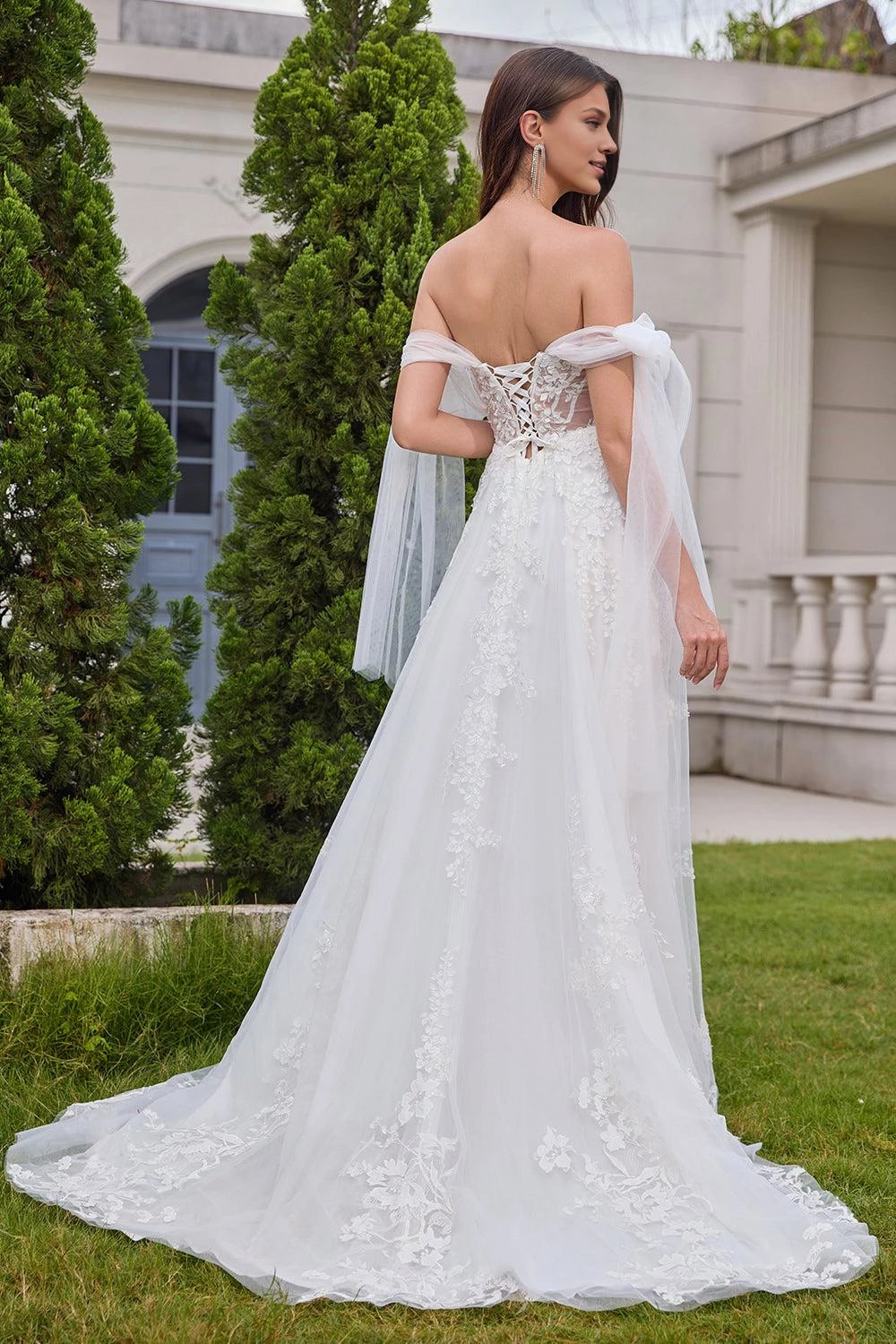 Magical A Line Off Shoulder Cape Sleeve Lace Up Back Maxi Wedding Dress
