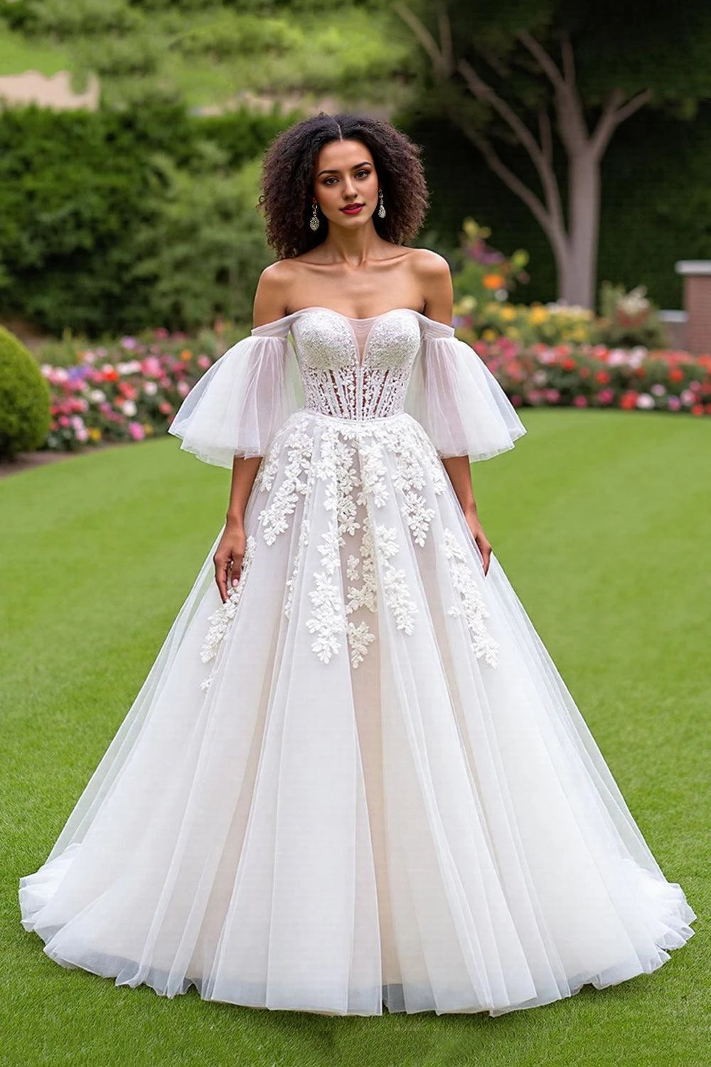 Magical Ball Gown Off The Shoulder Puff Sleeve Lace Up Back Floor Length Wedding Dress