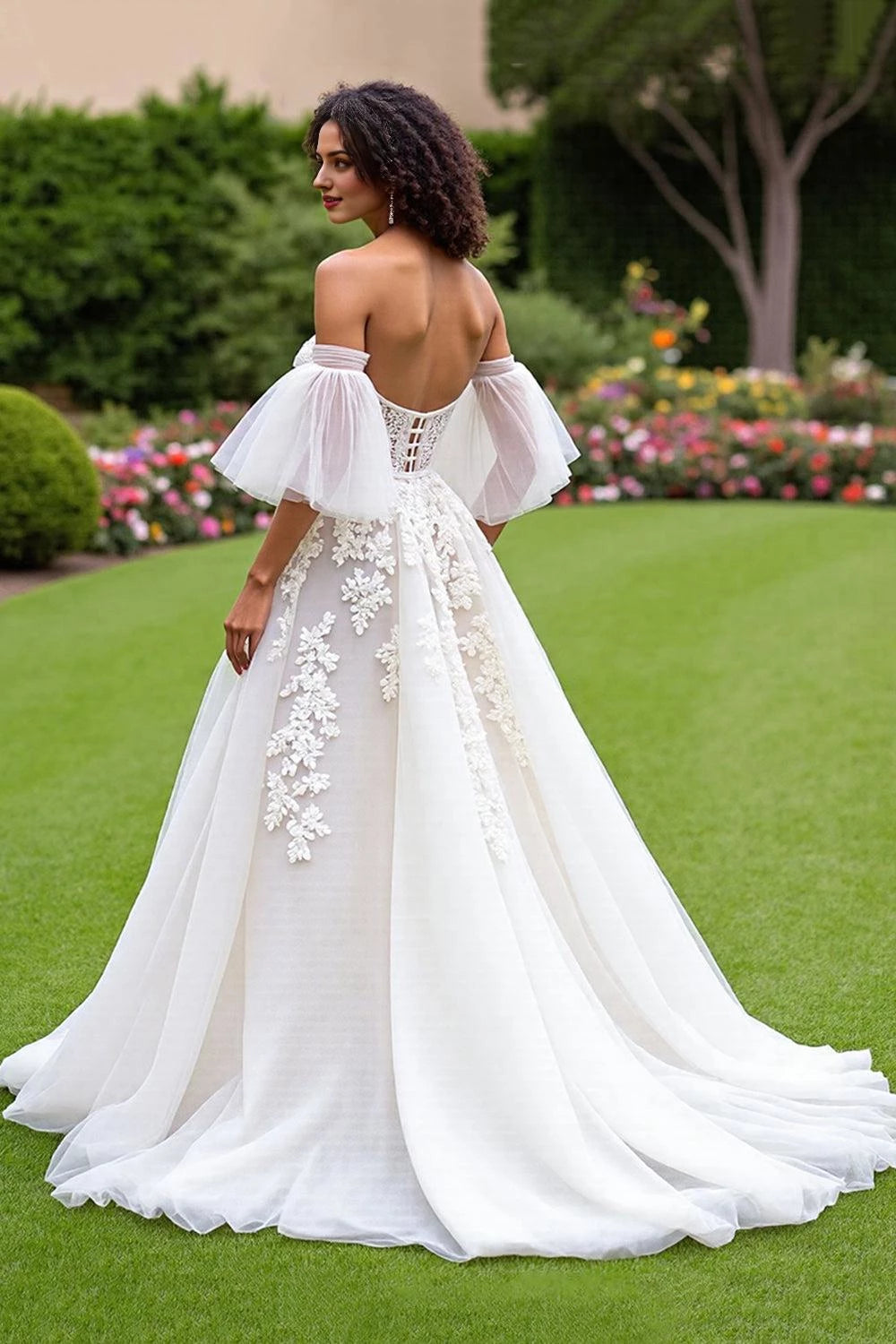 Magical Ball Gown Off The Shoulder Puff Sleeve Lace Up Back Floor Length Wedding Dress