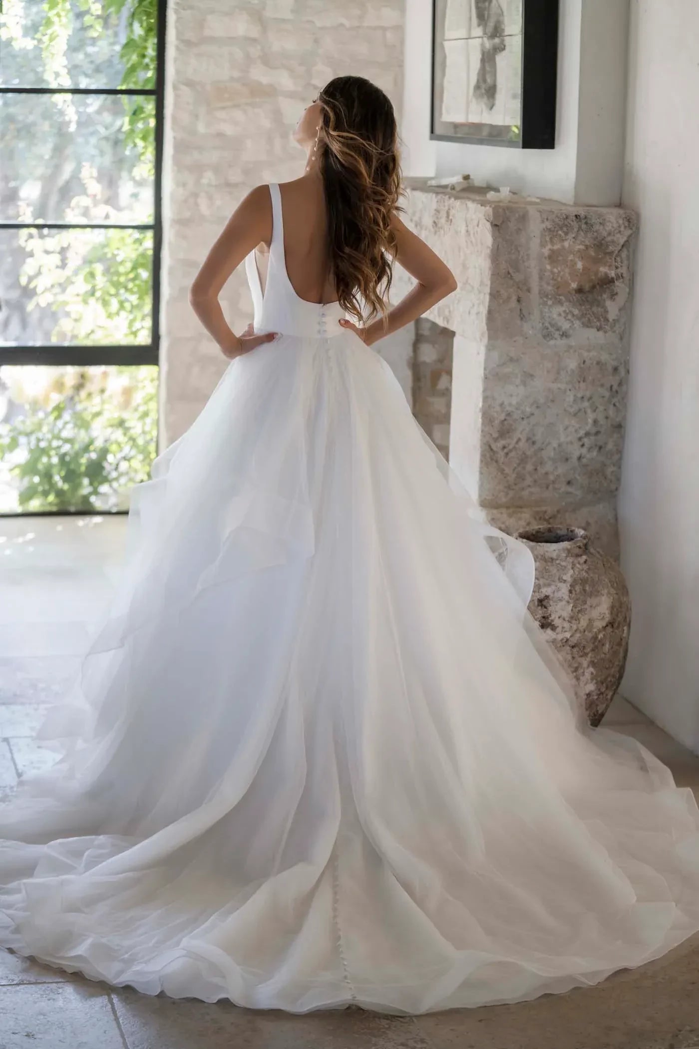 Magical Ball Gown Square Neckline Sleeveless Button Back Floor Length Wedding Dress