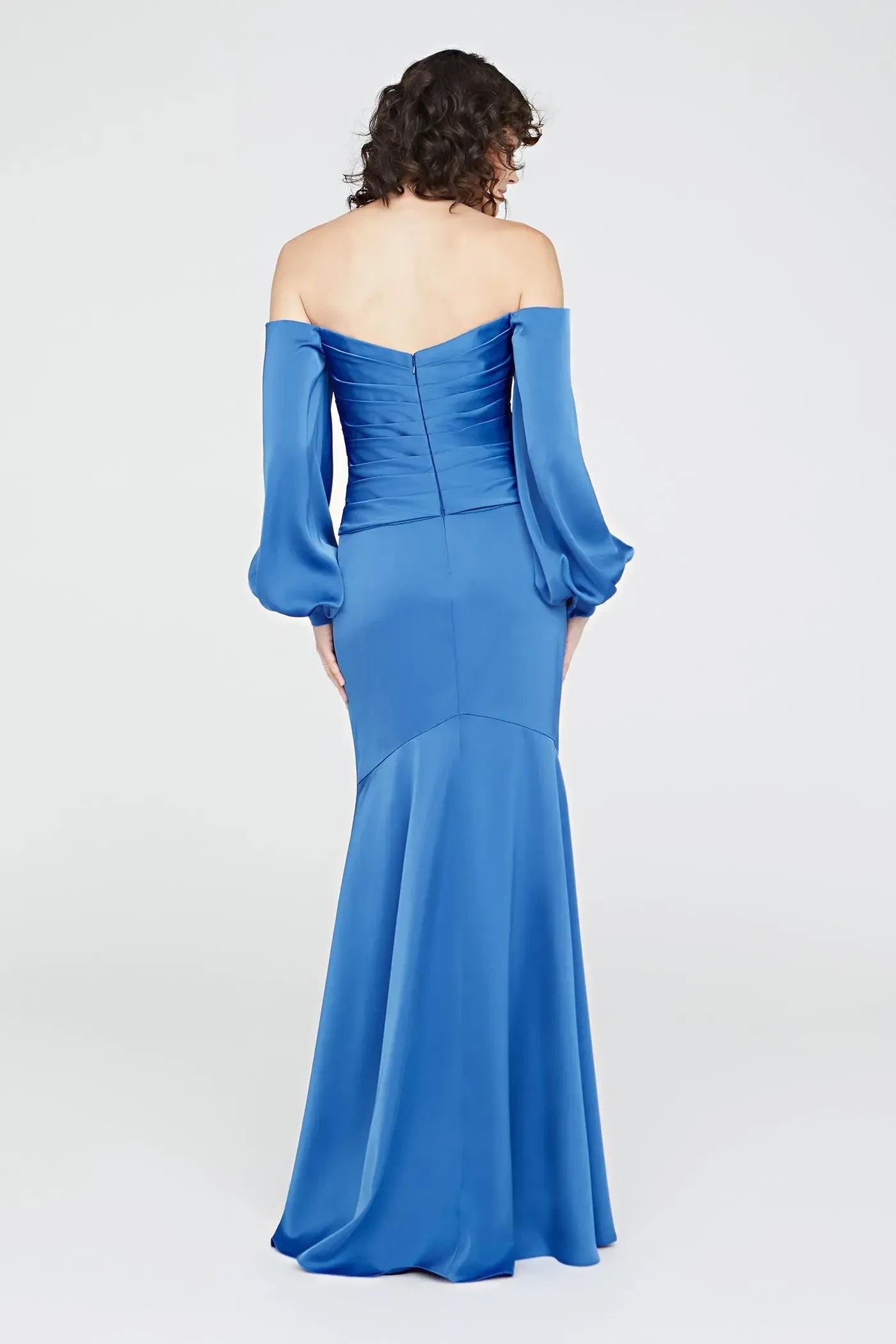 Magnificent Mermaid Off Shoulder Puff Sleeve Solid Back Floor Length Evening Dress