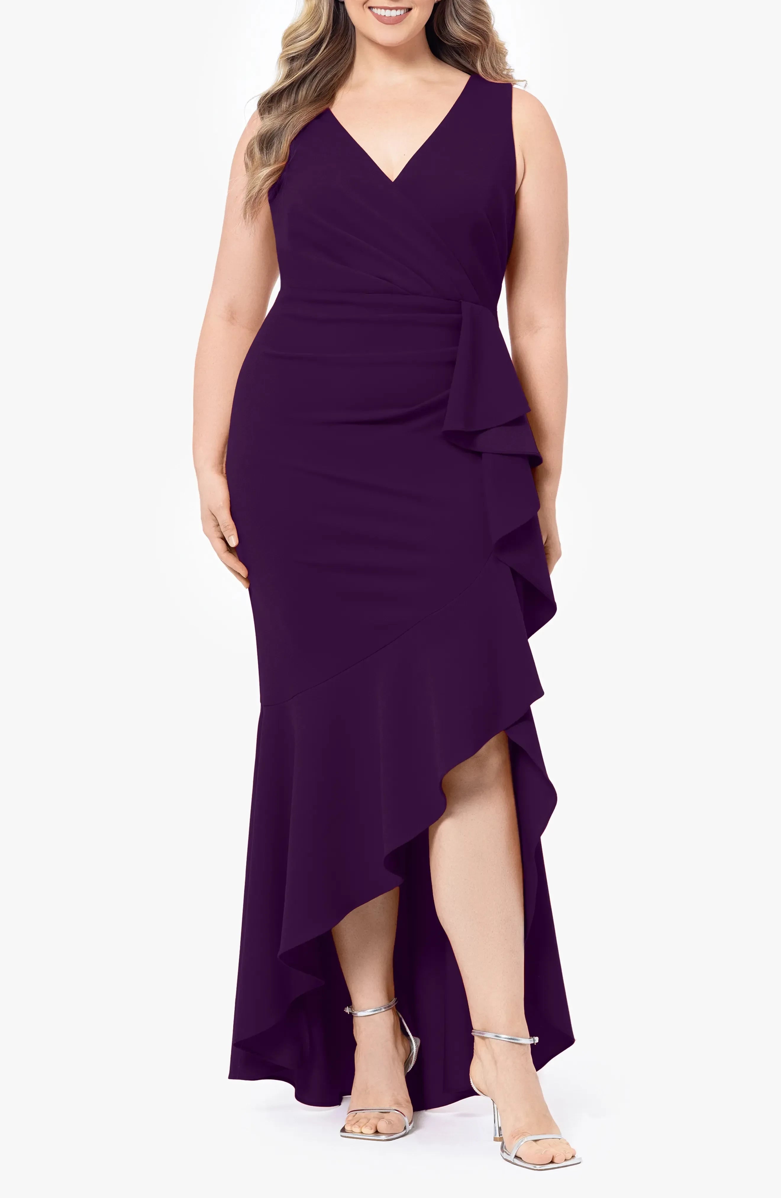 Magnificent Plus Size Sheath V Neck Sleeveless Zipper Back High Low Evening Dress