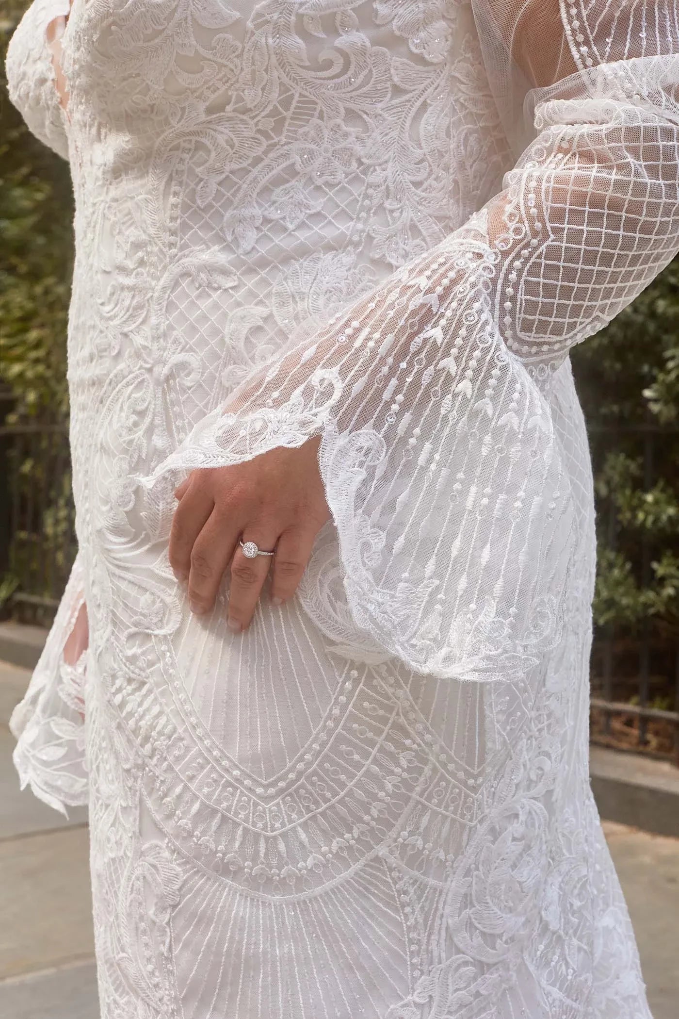 Magnificent Plus Size Trumpet Plunging V Neck Bell Sleeve Lace Back Floor Length Wedding Dress