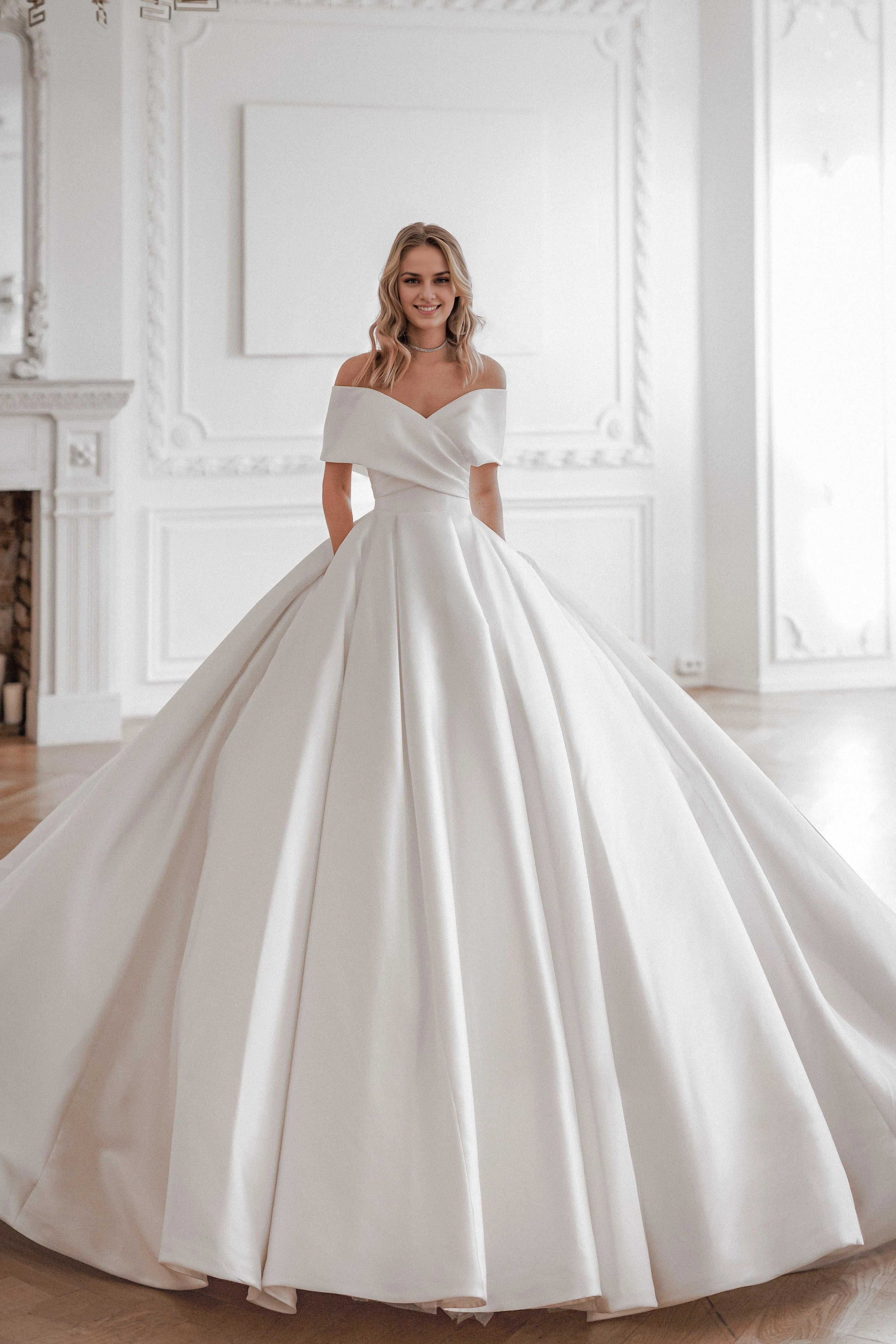Magnificent Princess Off Shoulder Short Sleeve Lace Up Back Floor Length Wedding Dress