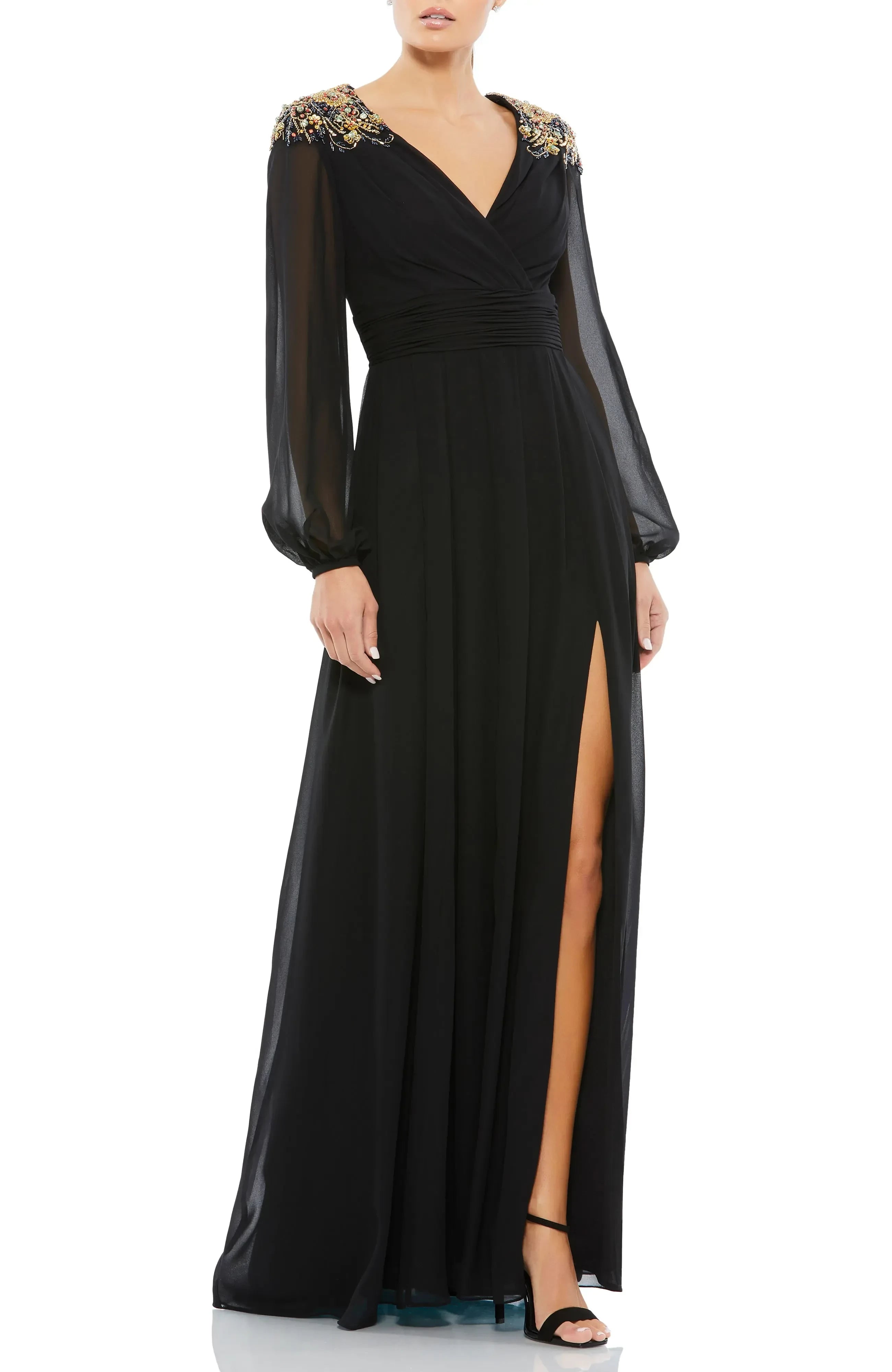 Magnificent Sheath V Neck Long Sleeve Zipper Back Floor Length Evening Dress