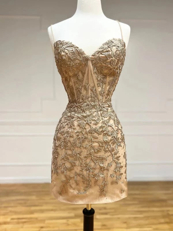 Mermaid Backless Tight Champagne Lace Prom Dresses Short Champagne Lace Formal Evening Party Dresses Homecoming Dresses