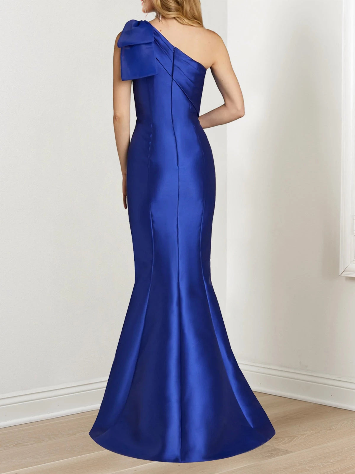 Mermaid Dark Blue Satin One-Shoulder Sleeveless Floor-Length Evening Dresses