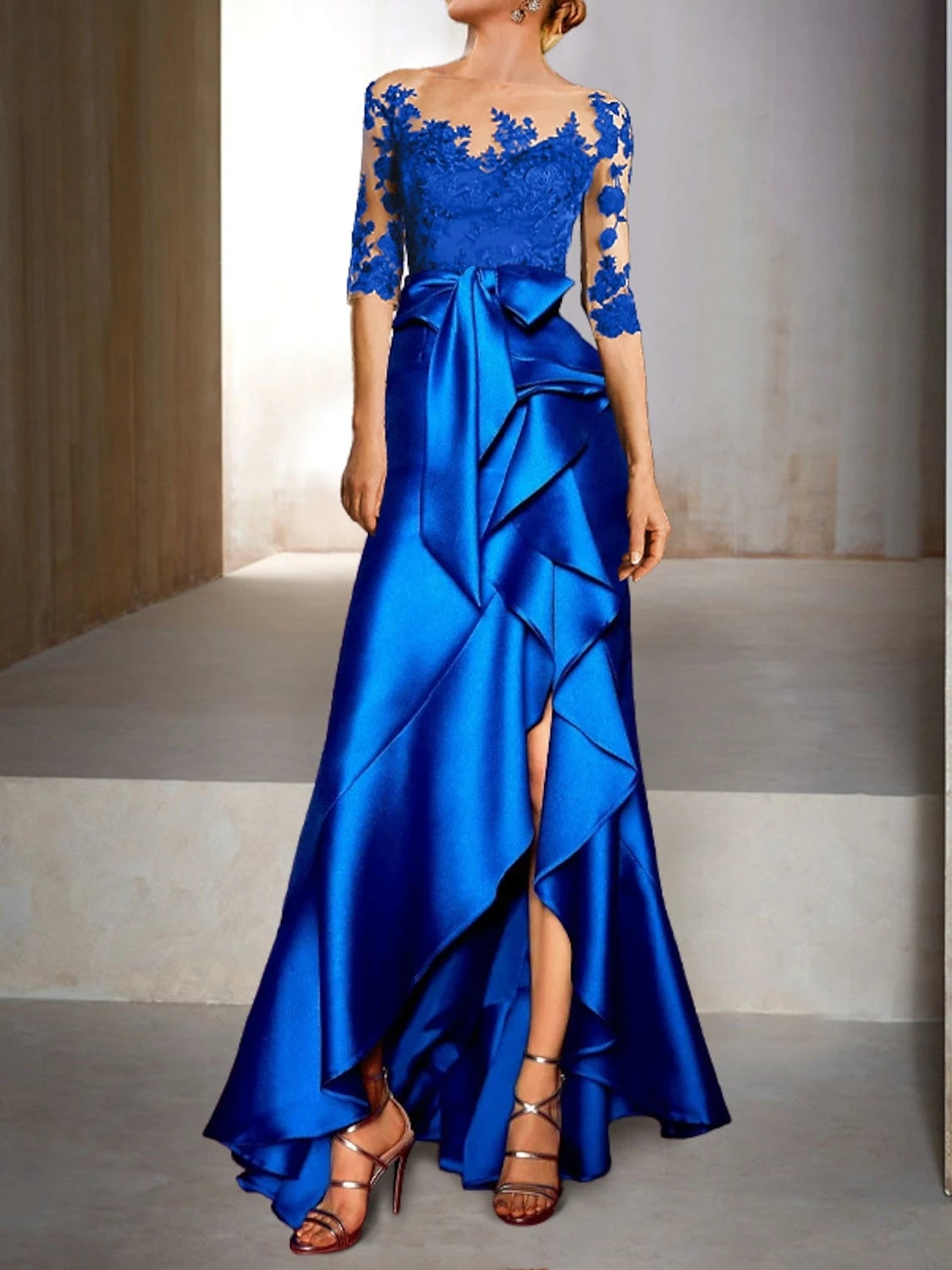 Mermaid Jewel Neck Half Sleeves Floor-Length With Appliques Bow Mother of the Bride Dresses