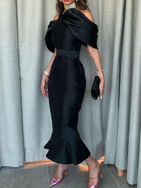Mermaid Off-the-Shoulder Black satin Ankle-Length Evening Dresses