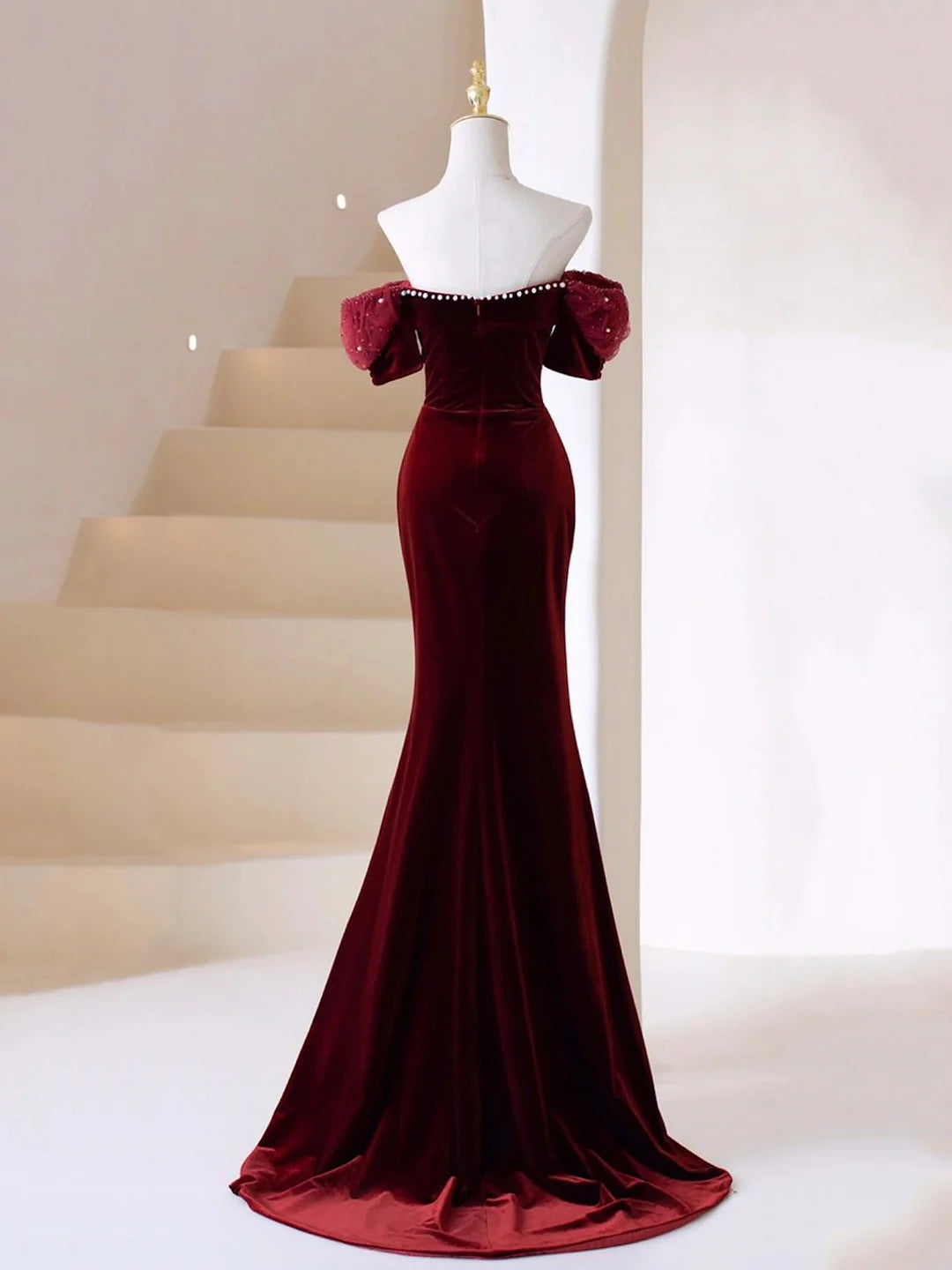Mermaid Off Shoulder Burgundy Velvet Long Prom Dress Evening Party Dress