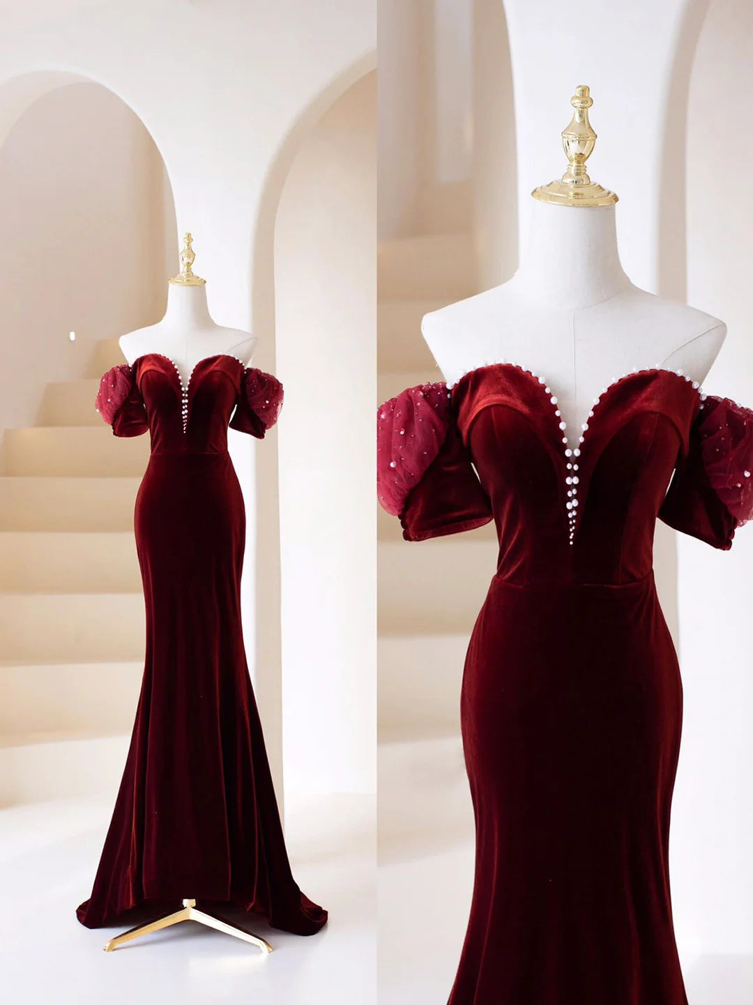 Mermaid Off Shoulder Burgundy Velvet Long Prom Dress Evening Party Dress