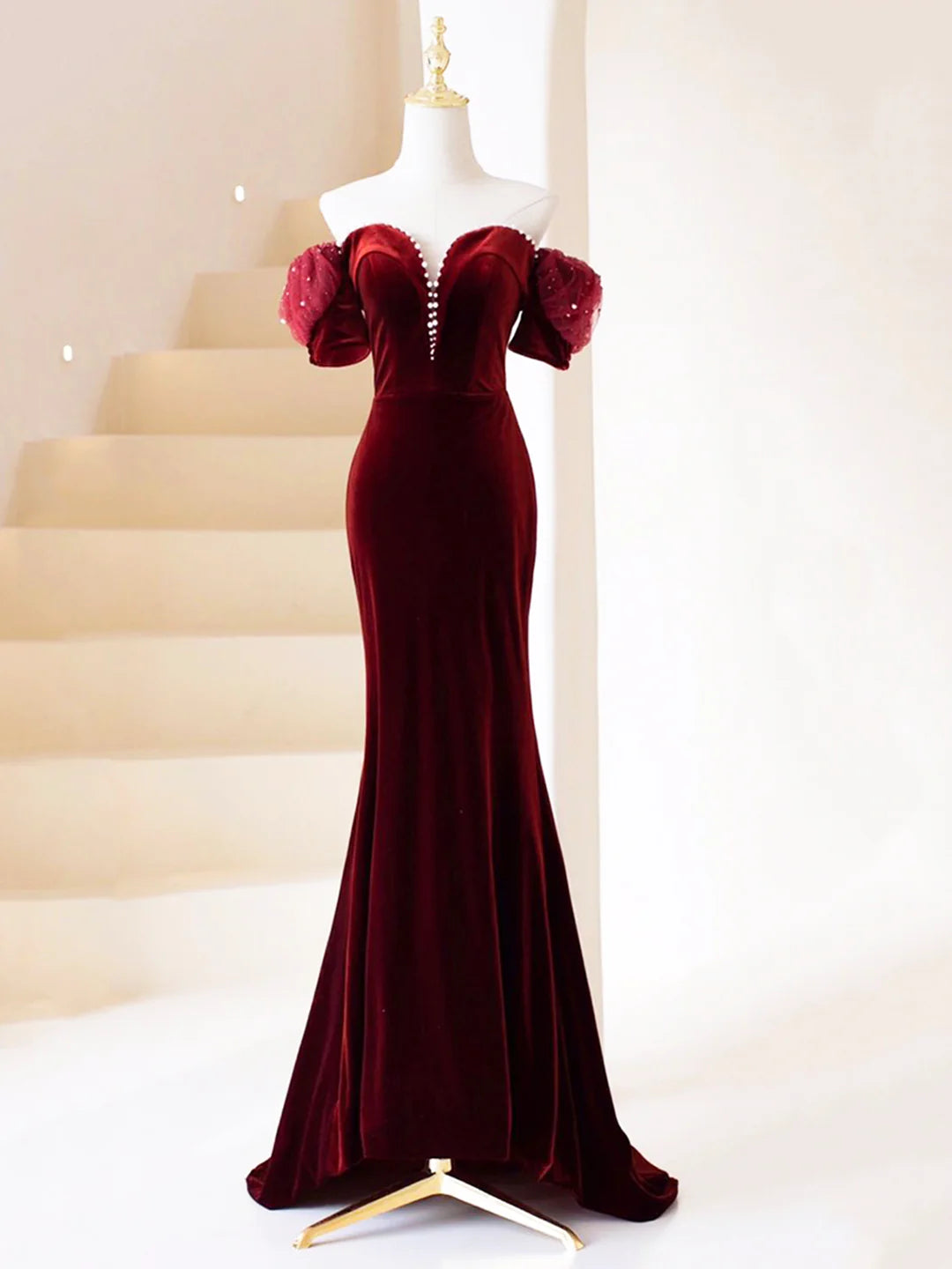 Mermaid Off Shoulder Burgundy Velvet Long Prom Dress Evening Party Dress