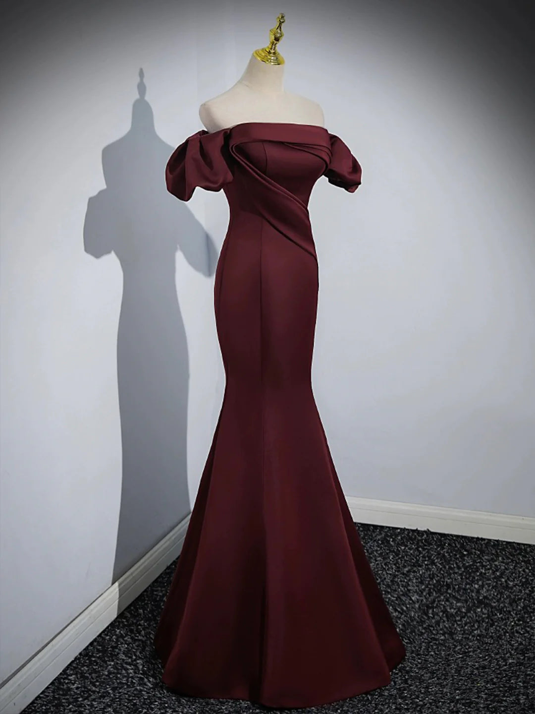 Mermaid Off the Shoulder Burgundy Satin Long Prom Dress Evening Party Dress