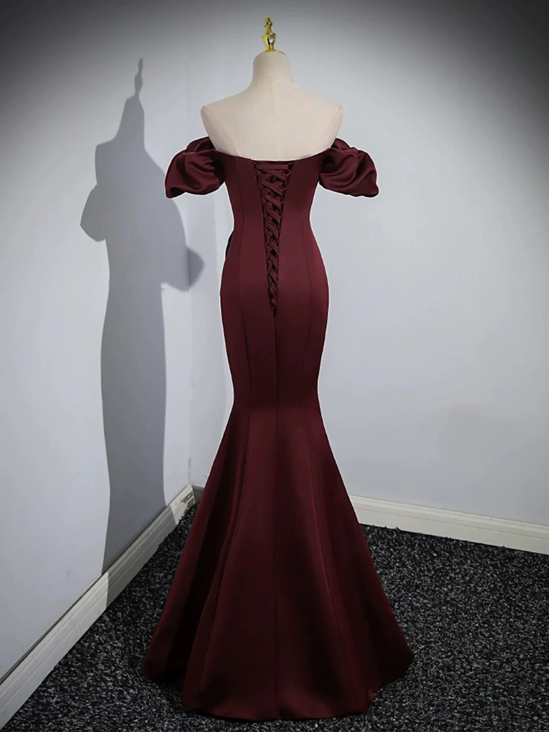 Mermaid Off the Shoulder Burgundy Satin Long Prom Dress Evening Party Dress