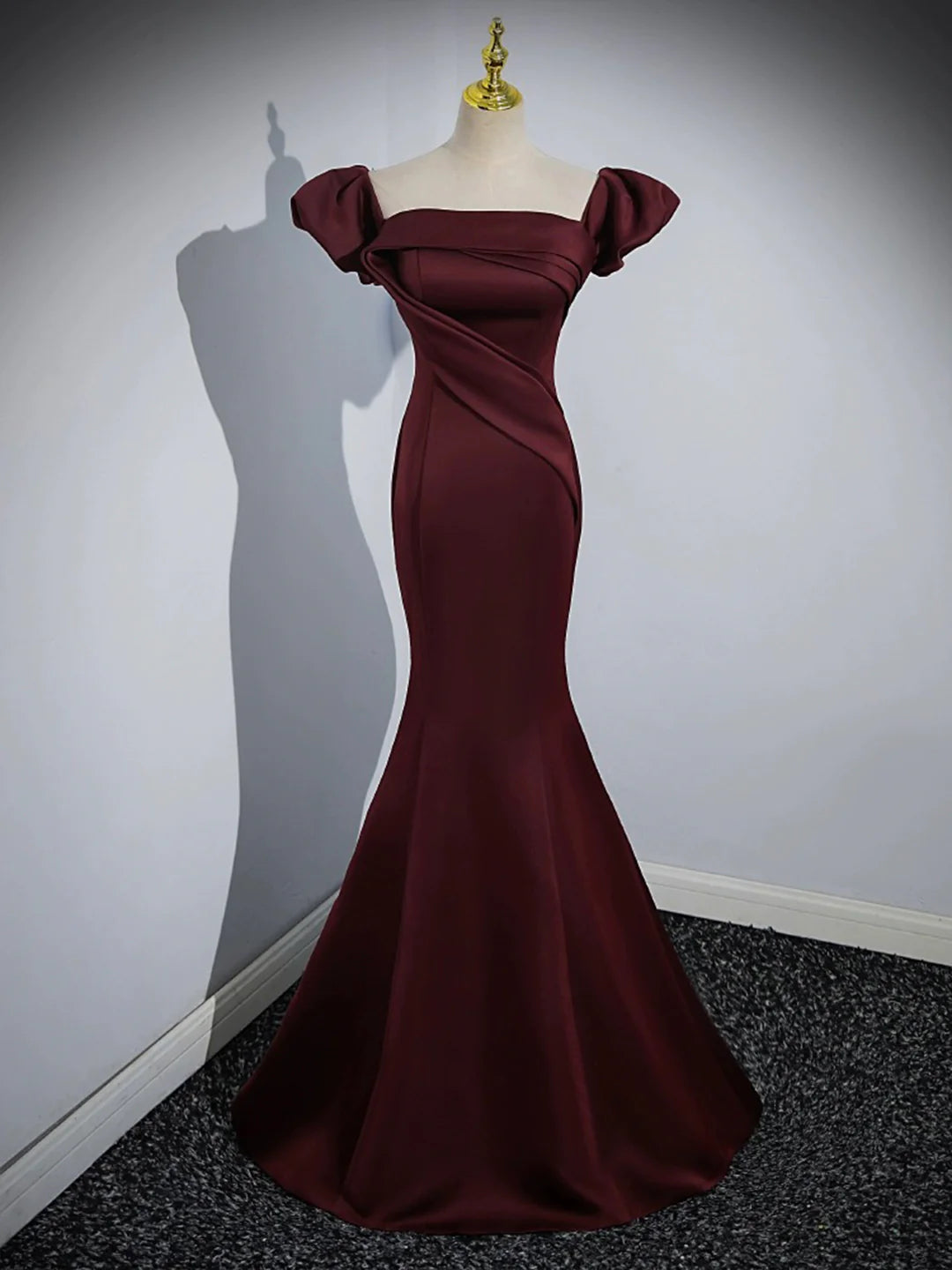 Mermaid Off the Shoulder Burgundy Satin Long Prom Dress Evening Party Dress