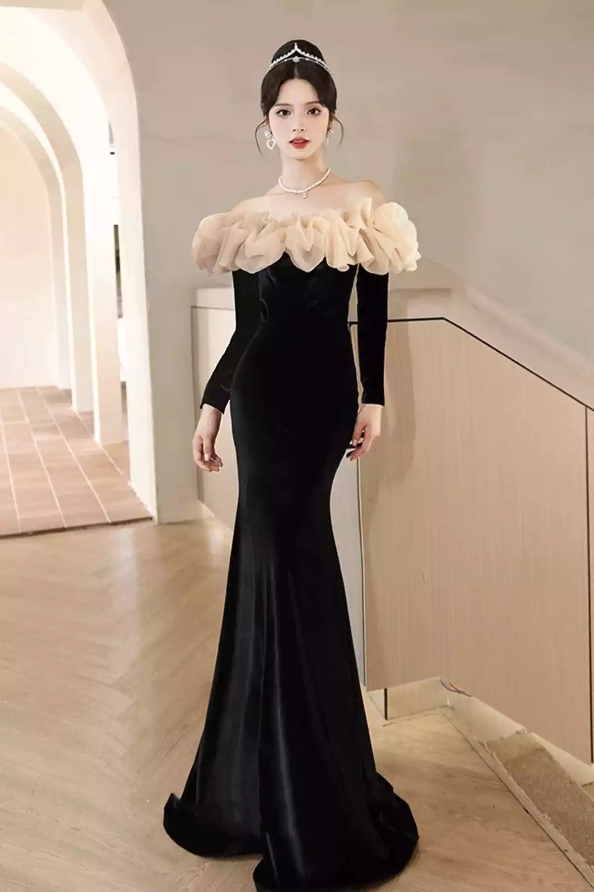 Mermaid Off the Shoulder Champagne and Black Velvet Long Prom Dress Party Dress