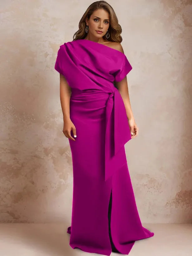 Mermaid One-Shoulder Short Sleeves Floor-Length Plus Size with Ruffles Split Side Mother of the Bride Dresses