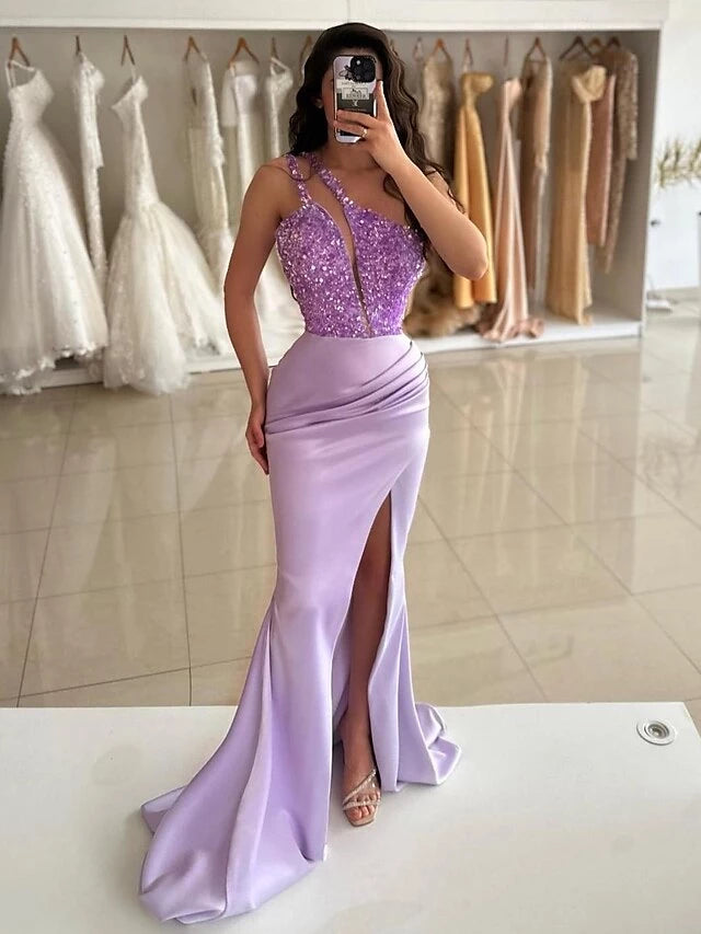 Mermaid One-Shoulder Sleeveless Floor-Length Long with Sequins Evening Dresses Party Dress