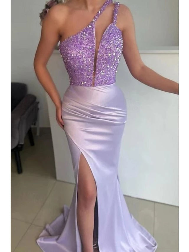 Mermaid One-Shoulder Sleeveless Floor-Length Long with Sequins Evening Dresses Party Dress