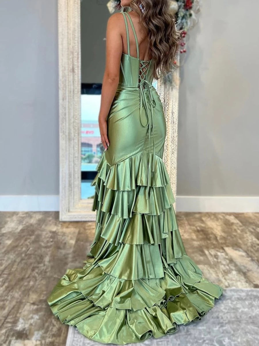 Mermaid Sage V Neck Satin Long With Ruffle Skirt Lace-Up Back Spaghetti Straps Backless Party Dresses Homecoming Dress Prom Dress