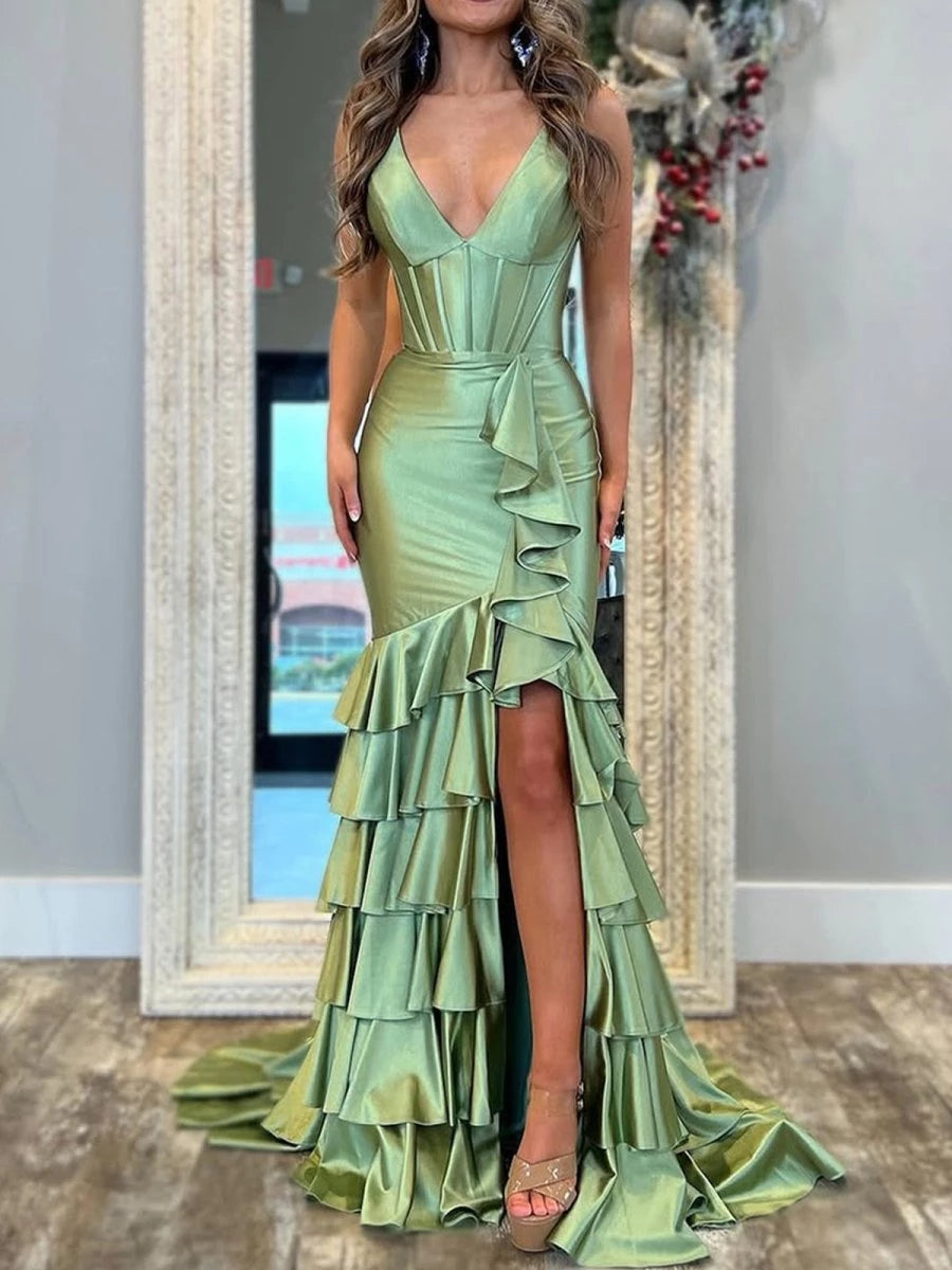 Mermaid Sage V Neck Satin Long With Ruffle Skirt Lace-Up Back Spaghetti Straps Backless Party Dresses Homecoming Dress Prom Dress