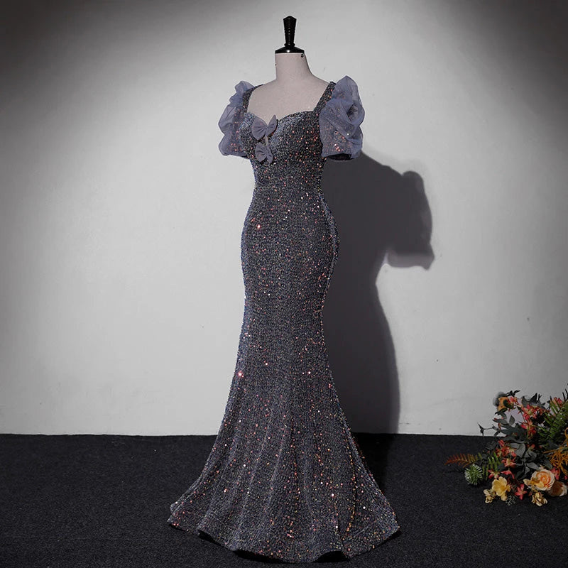 Mermaid Sequin Short Sleeve Lace Up Floor Length Evening Dress Party Dresses Prom Dress