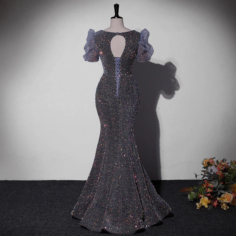 Mermaid Sequin Short Sleeve Lace Up Floor Length Evening Dress Party Dresses Prom Dress