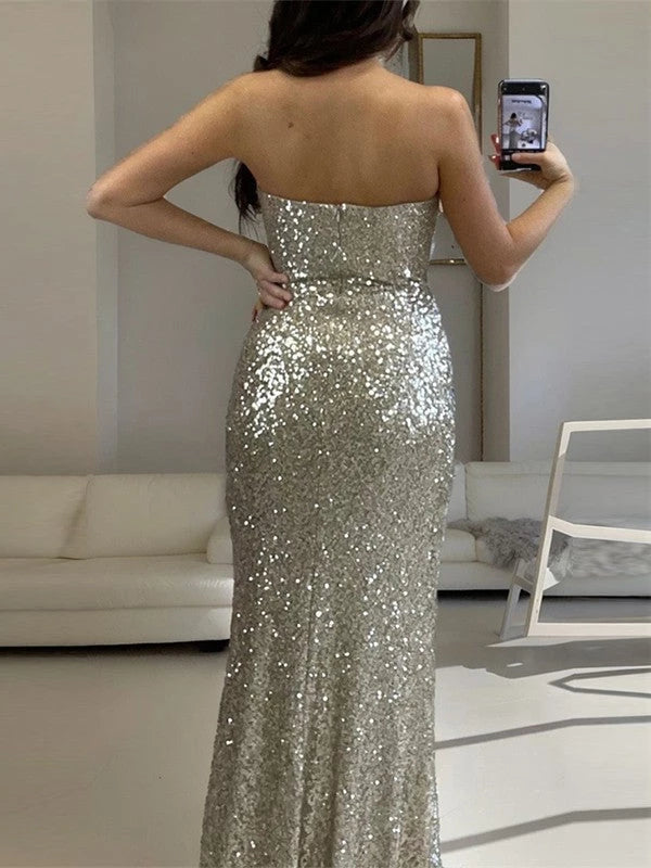 Mermaid Sequins Strapless Sleeveless Floor-length Long with Split Side Evening Dresses Party Dress