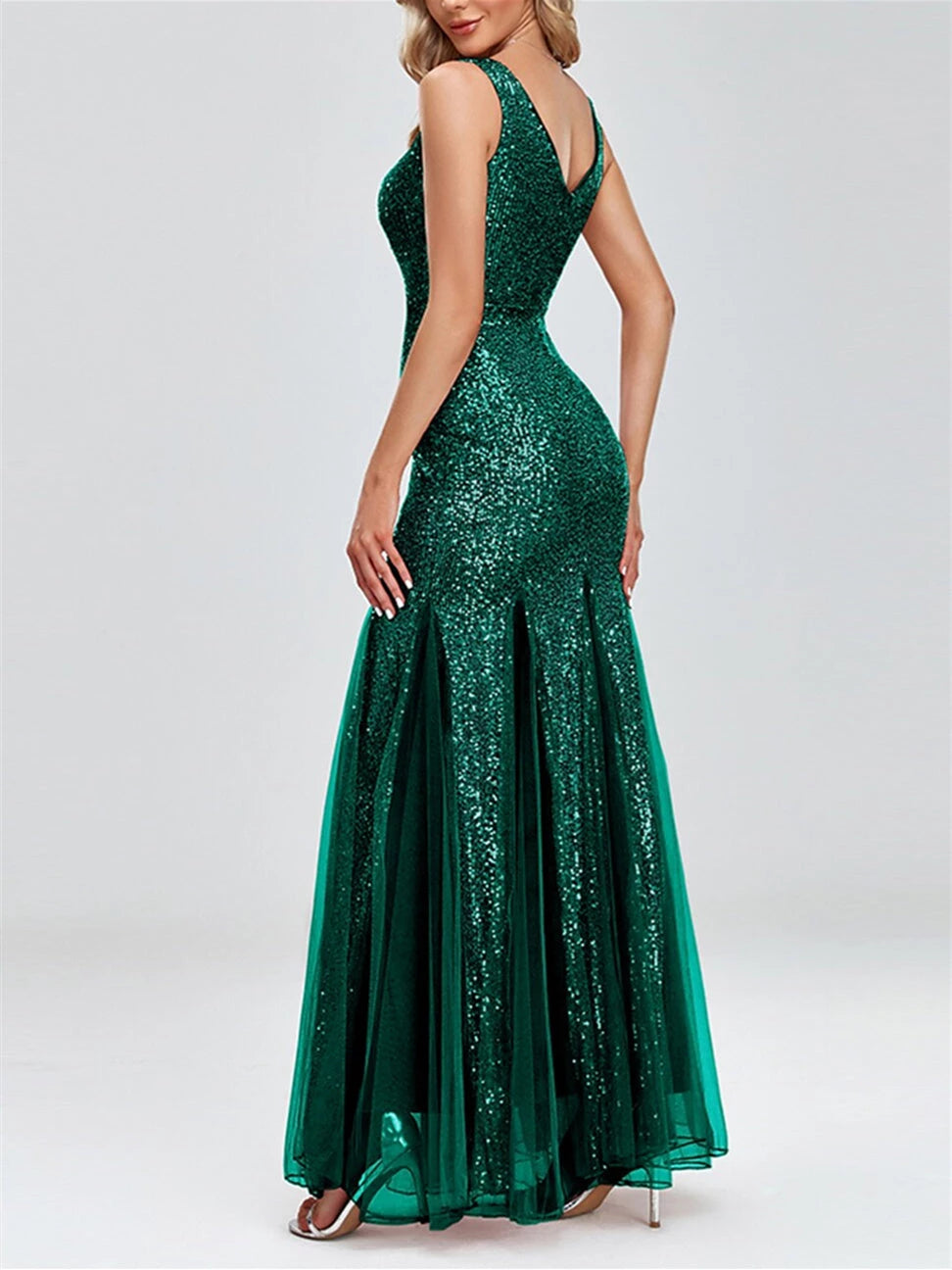 Mermaid Sleeveless V-Neck Sparkle Dress With Sequin Evening Dresses