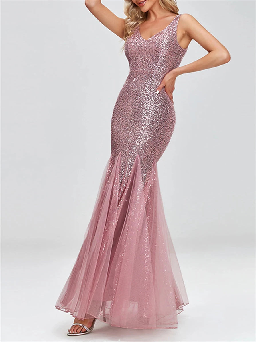 Mermaid Sleeveless V-Neck Pink Sparkle Dress With Sequin Evening Dresses