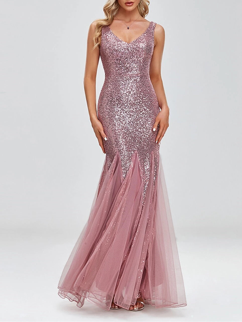 Mermaid Sleeveless V-Neck Pink Sparkle Dress With Sequin Evening Dresses