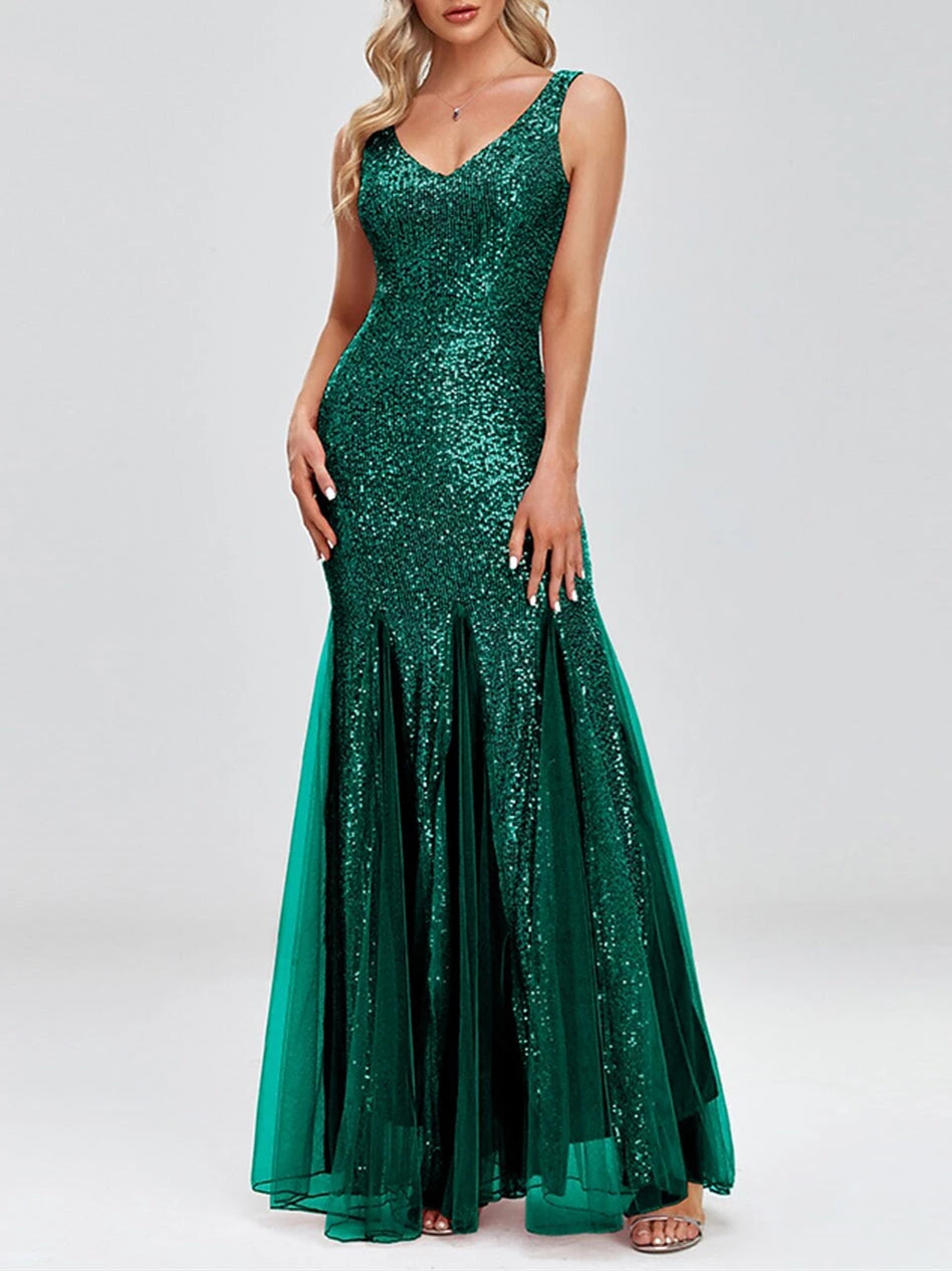 Mermaid Sleeveless V-Neck Sparkle Dress With Sequin Evening Dresses